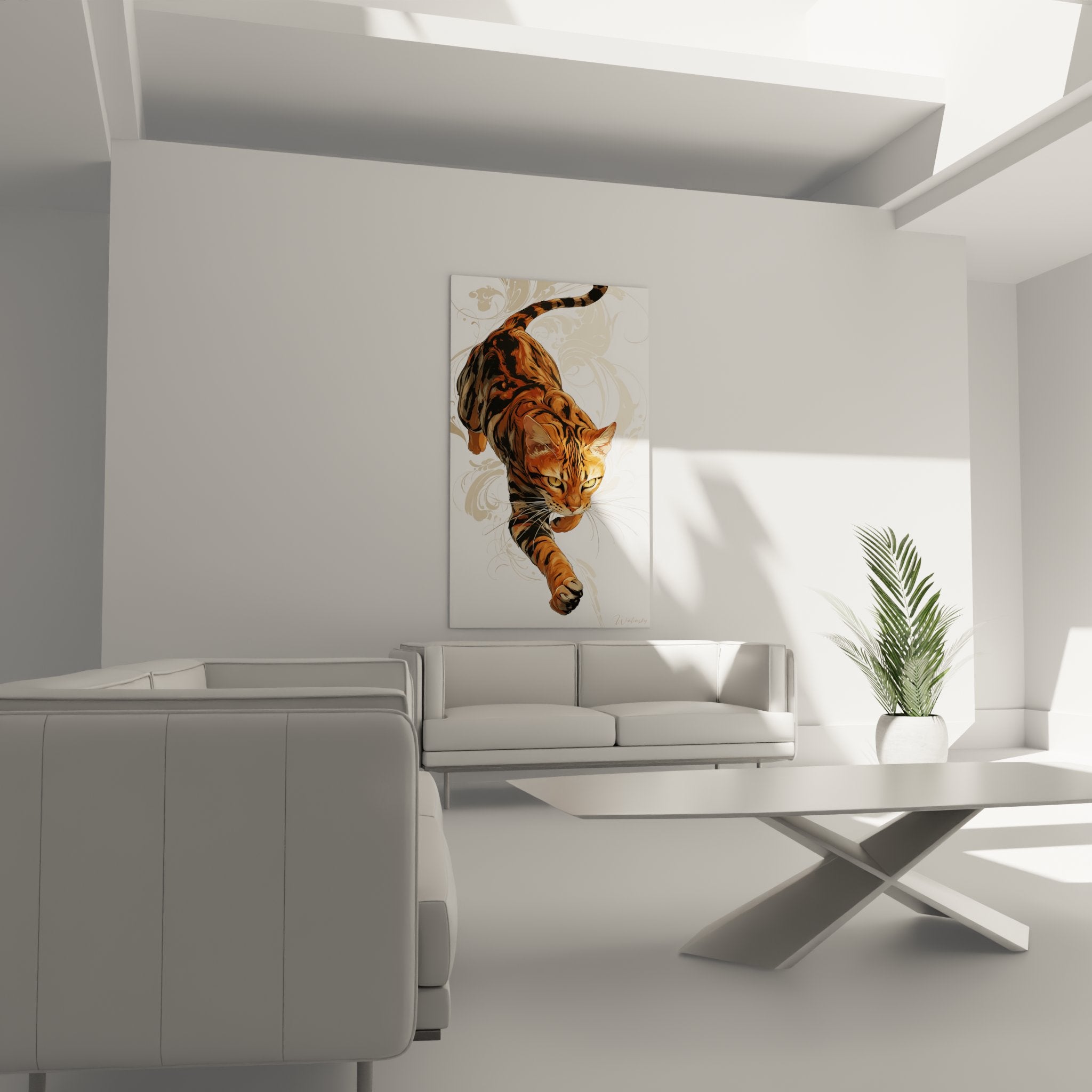 Gros plan sur les détails du tableau chat Toyger : pelage tigré cuivré et regard intense, art animalier