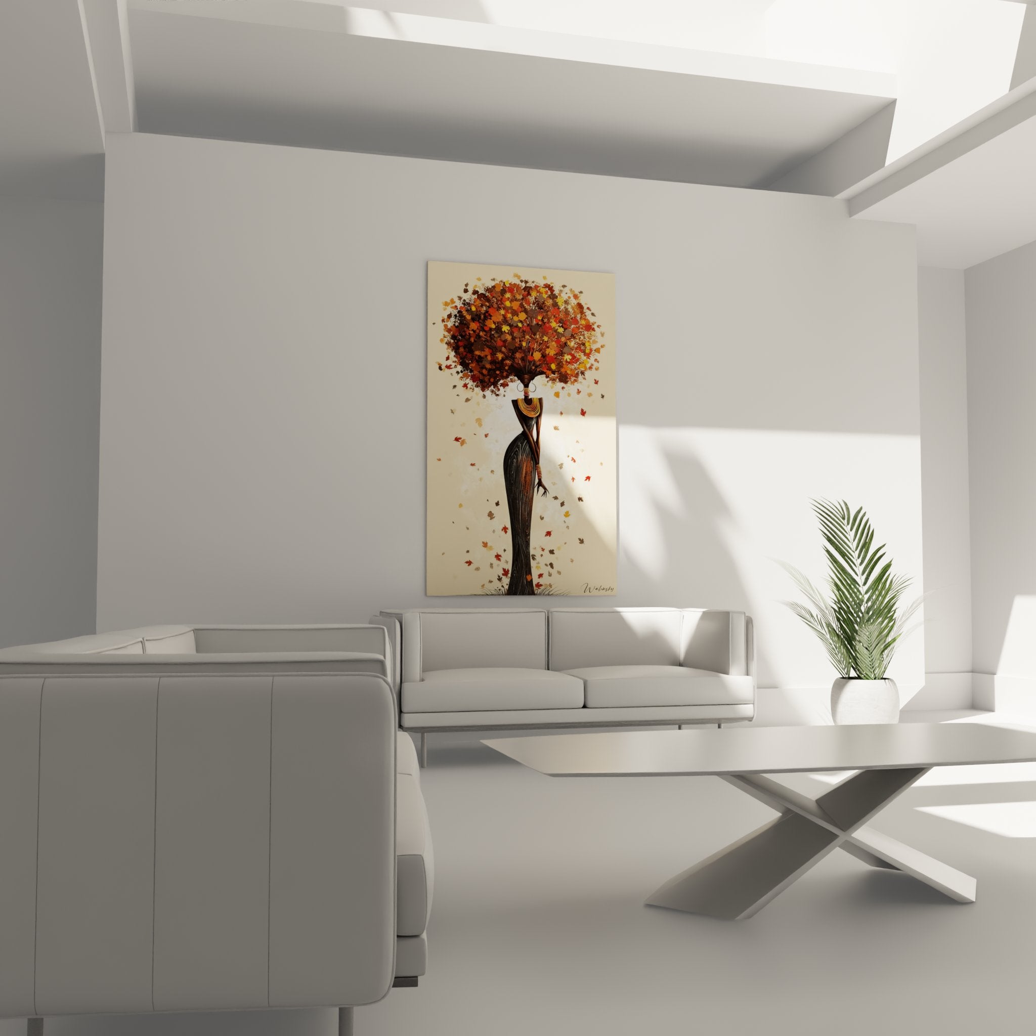 Détail rapproché silhouette féminine africaine et explosion de feuilles dorées et orangées