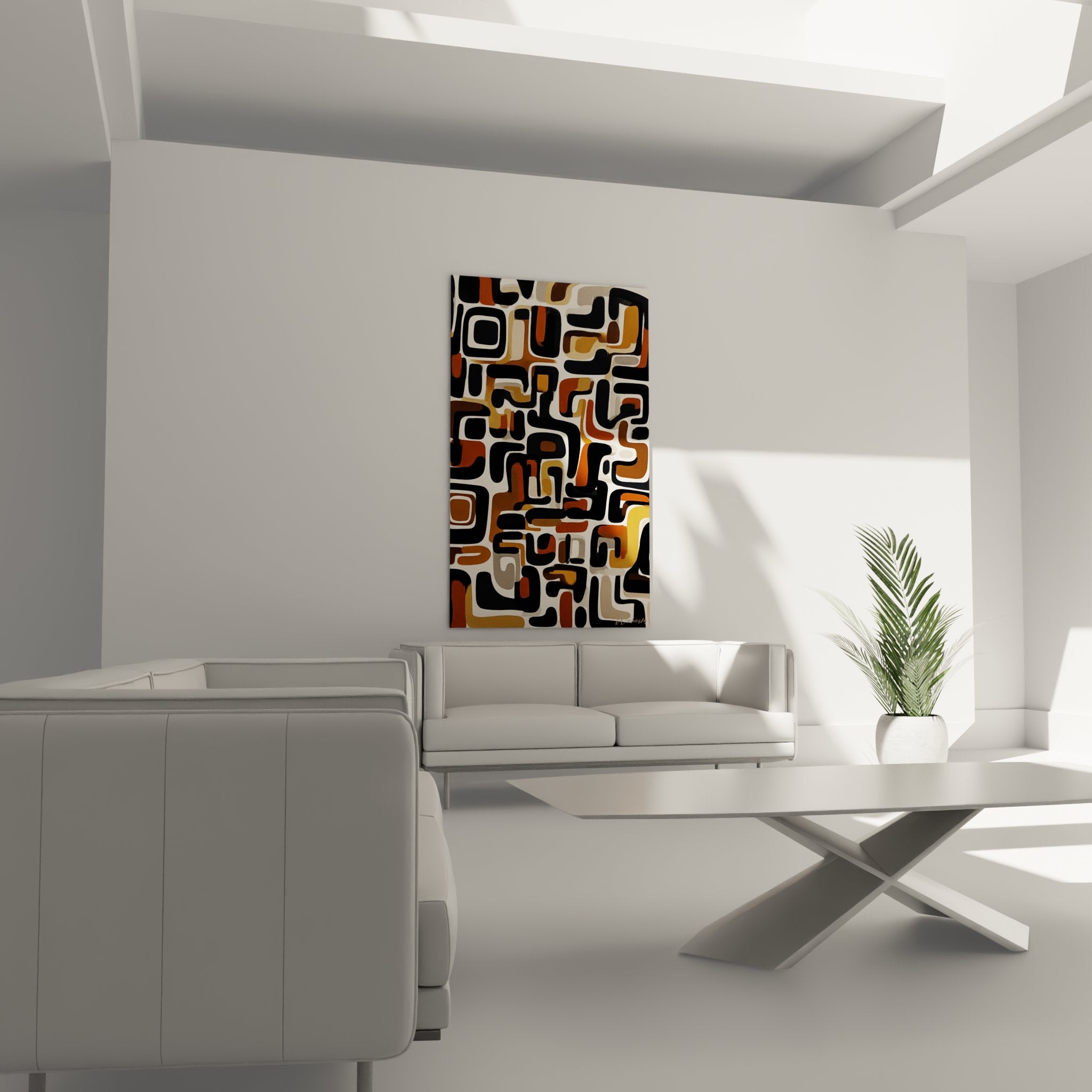 Dettaglio quadro africano astratto che mostra motivi geometrici curvi in tonalità ocra caramello nero