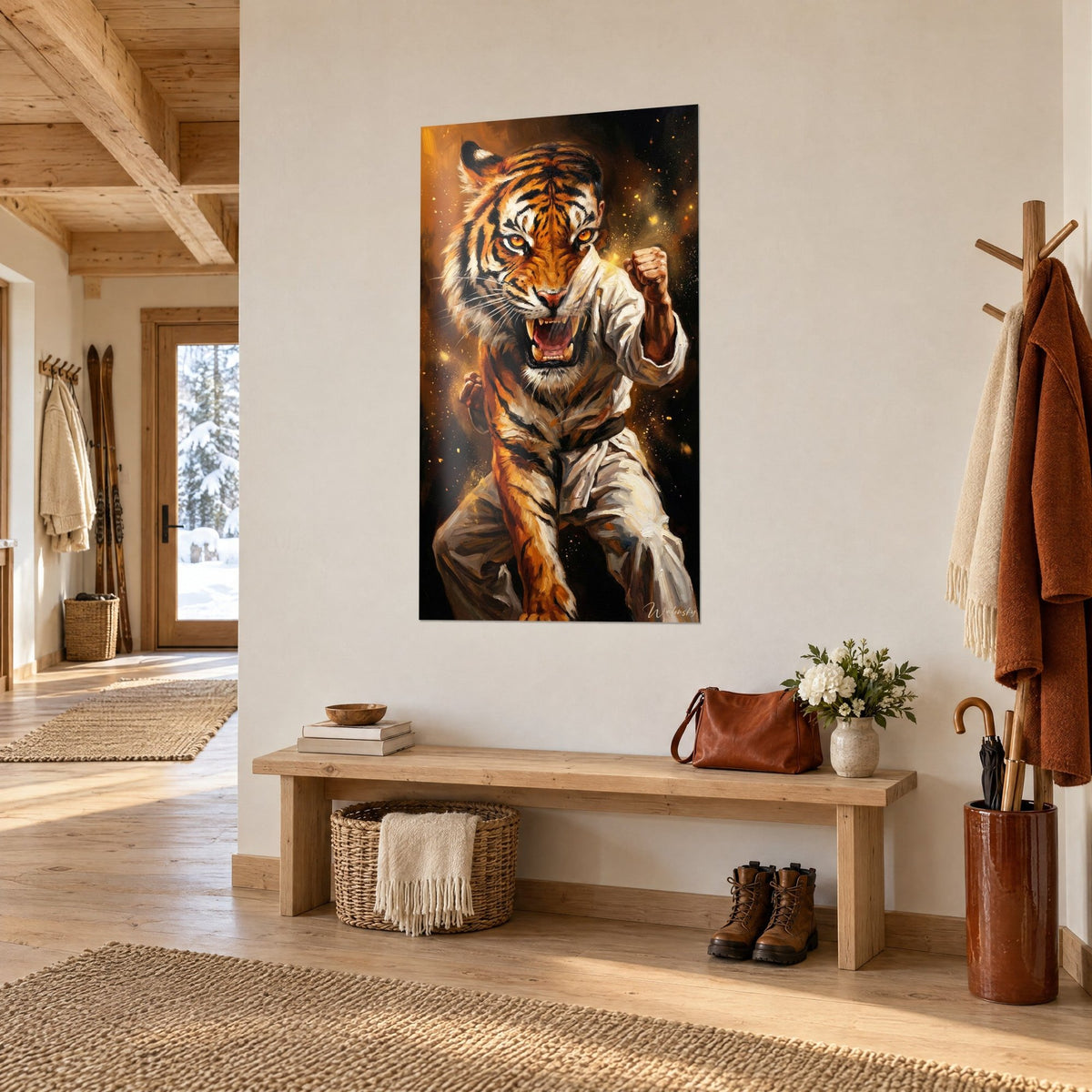 Wall art of a warrior feline with amber eyes, orange and black stripes, ivory gi, hung in the entrance of a chalet