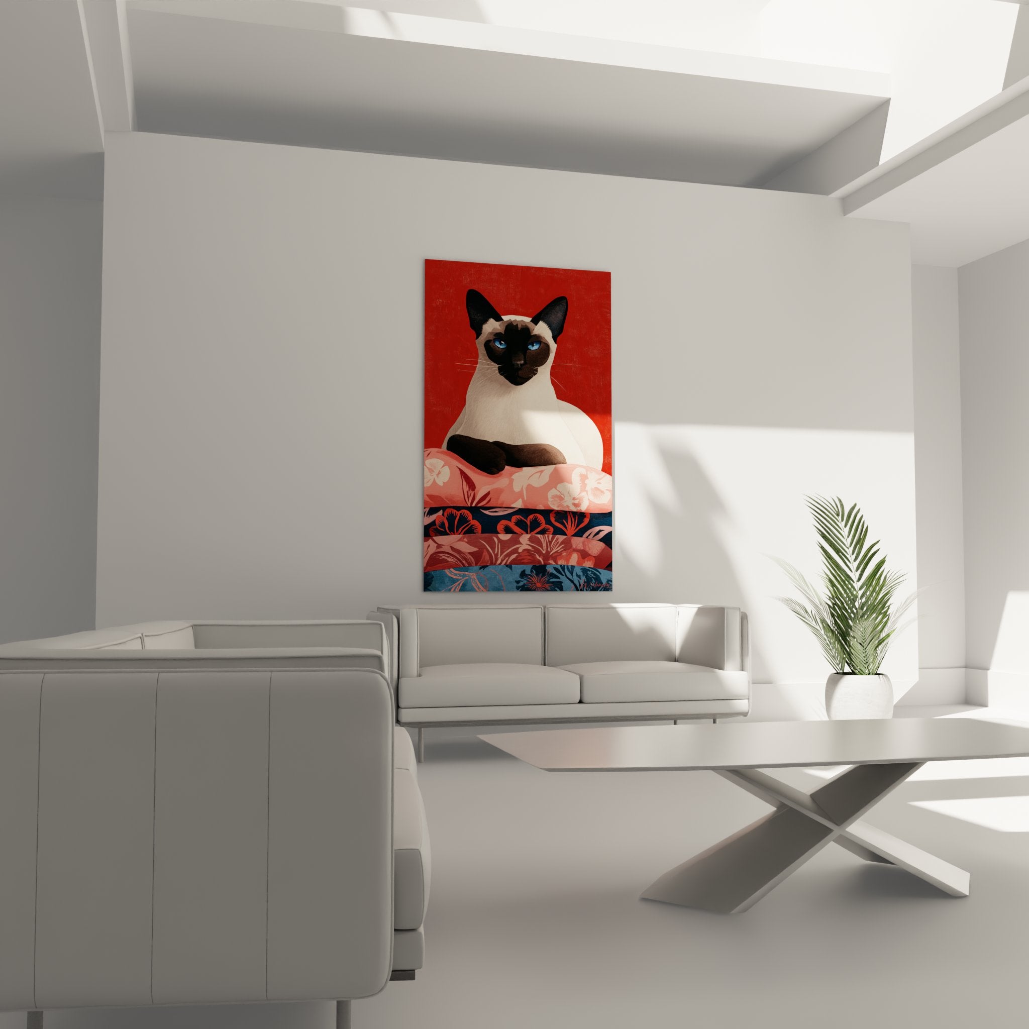 Primo piano ritratto gatto siamese occhi blu mantello crema punti scuri stile artistico contemporaneo