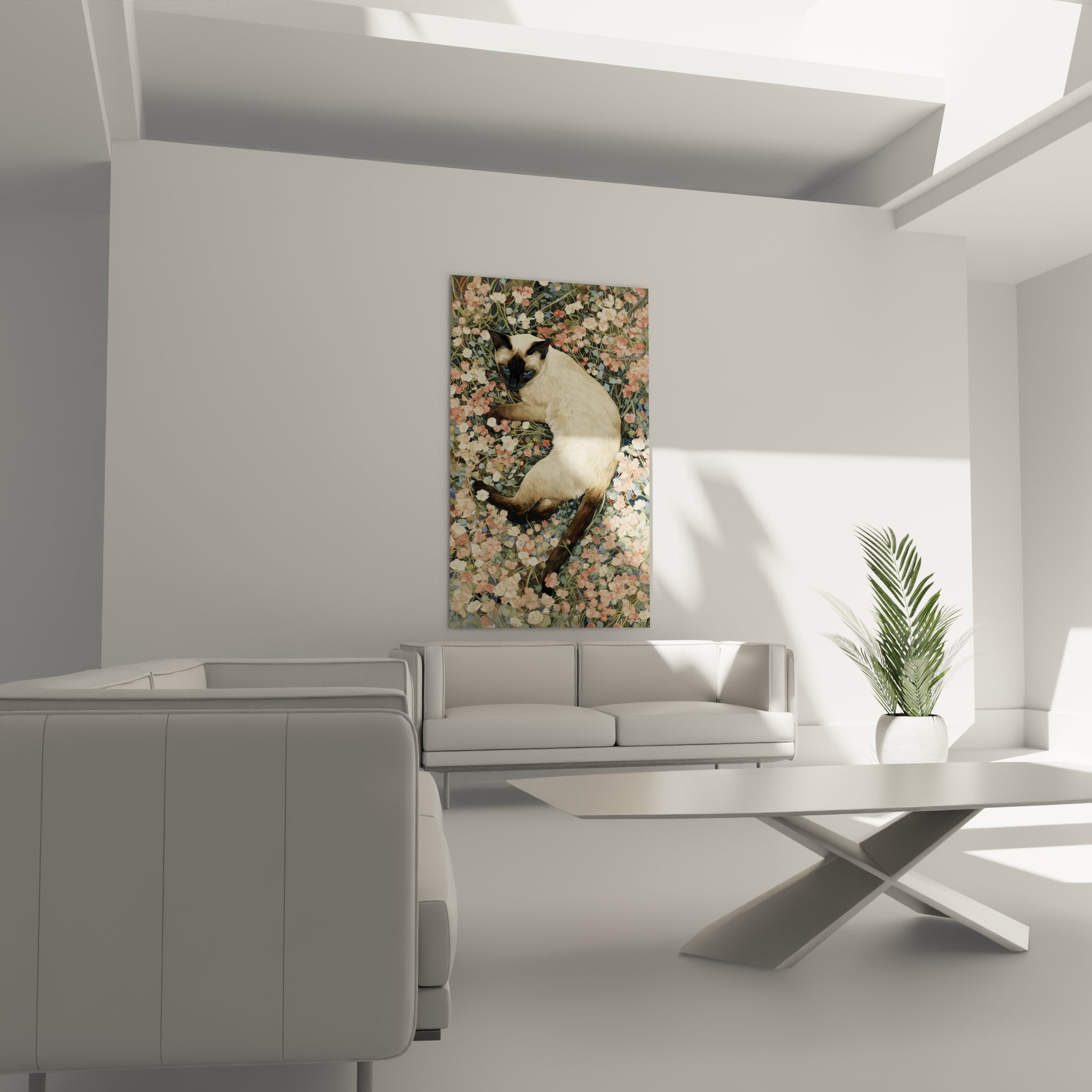 Dettaglio quadro gatto siamese con mantello crema e marrone scuro circondato da delicati piccoli fiori