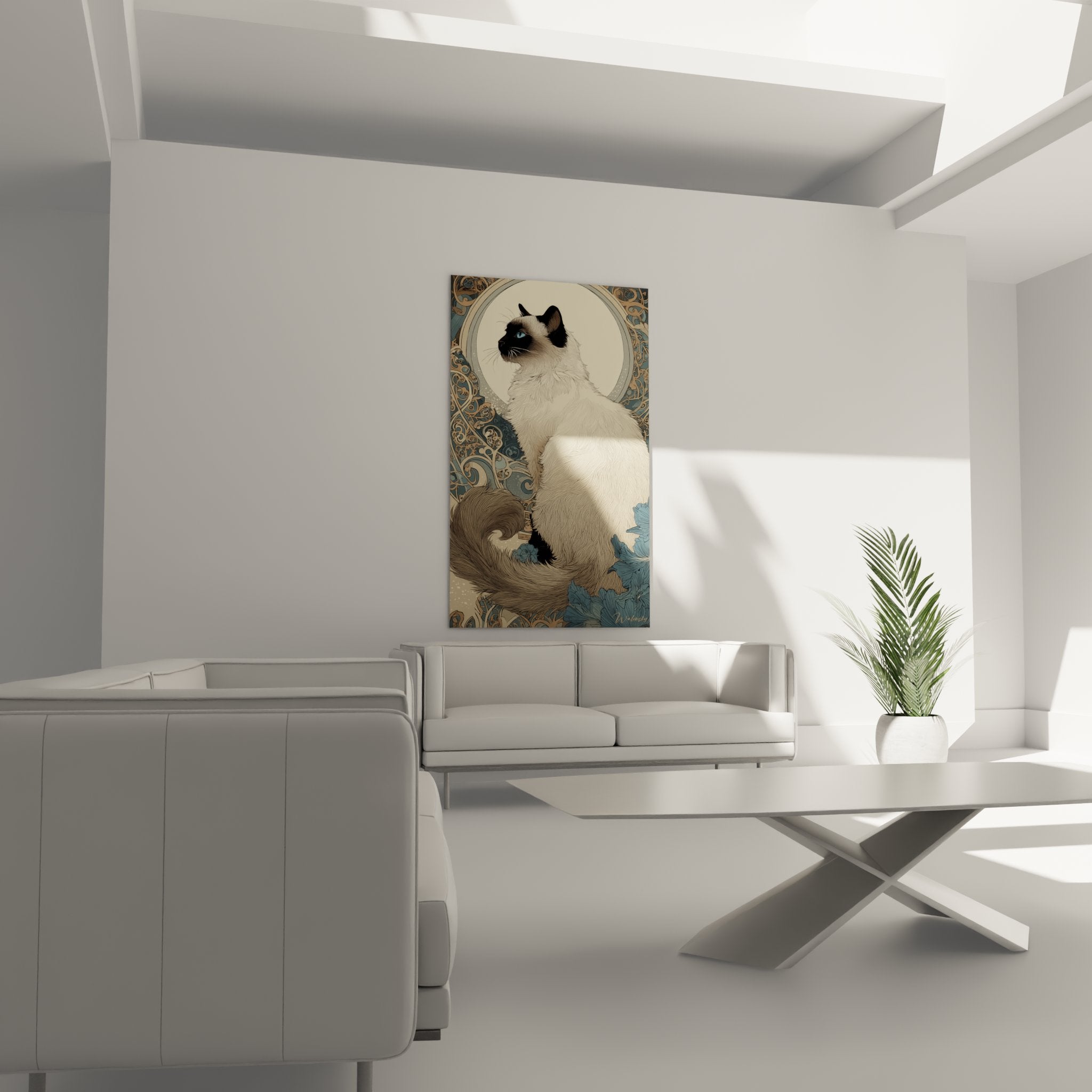 Détail rapproché chat Balinais aux yeux bleus sur tableau Art Nouveau avec motifs floraux délicats et raffinés