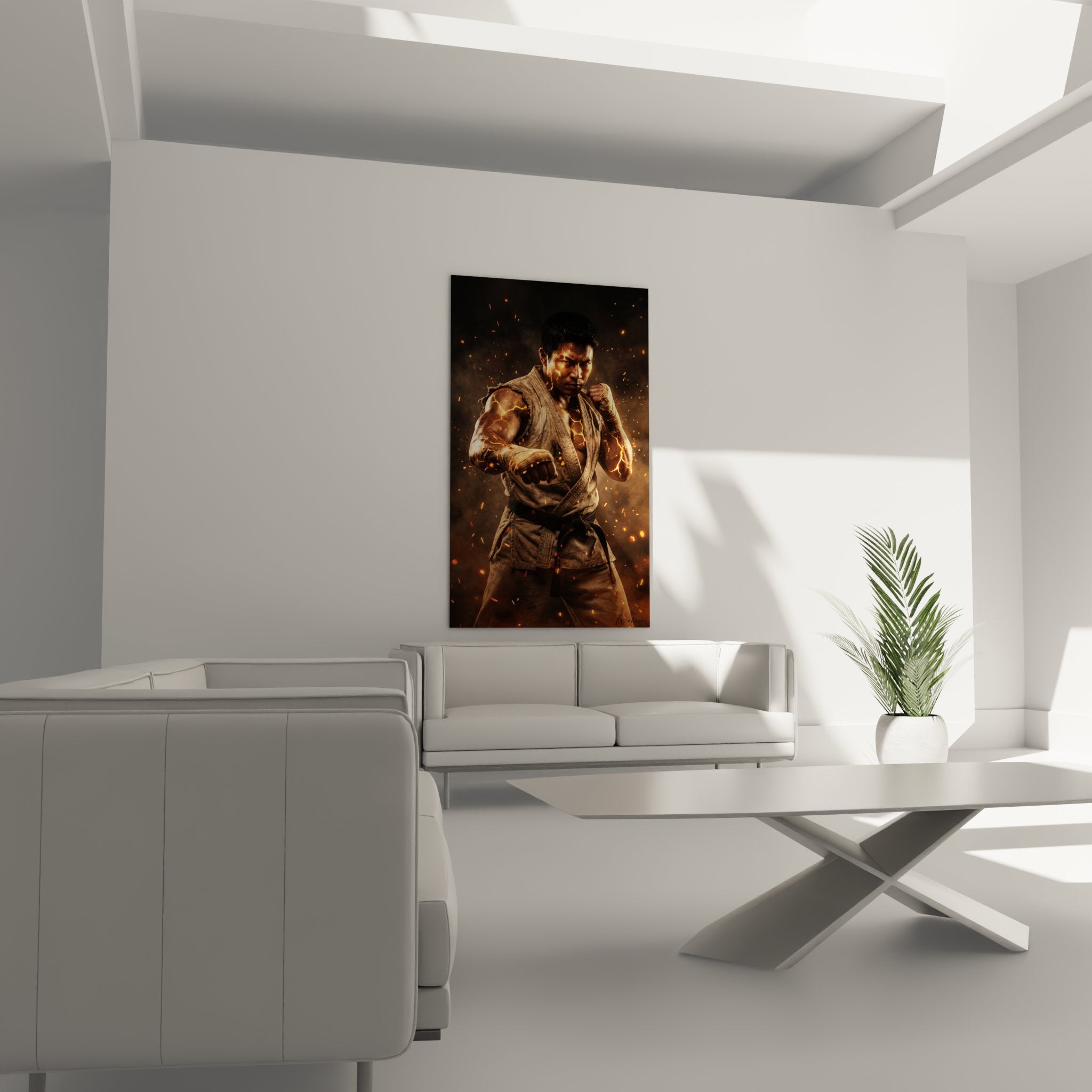 Detail tableau art martial karate guerrier concentration intense effets visuels etincelles