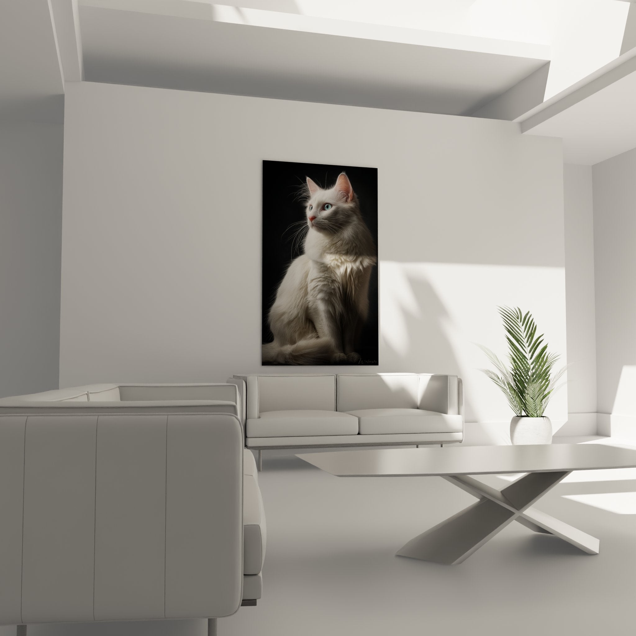 Close-up portrait of white Turkish Angora cat with heterochromia, realistic details of fur and expression