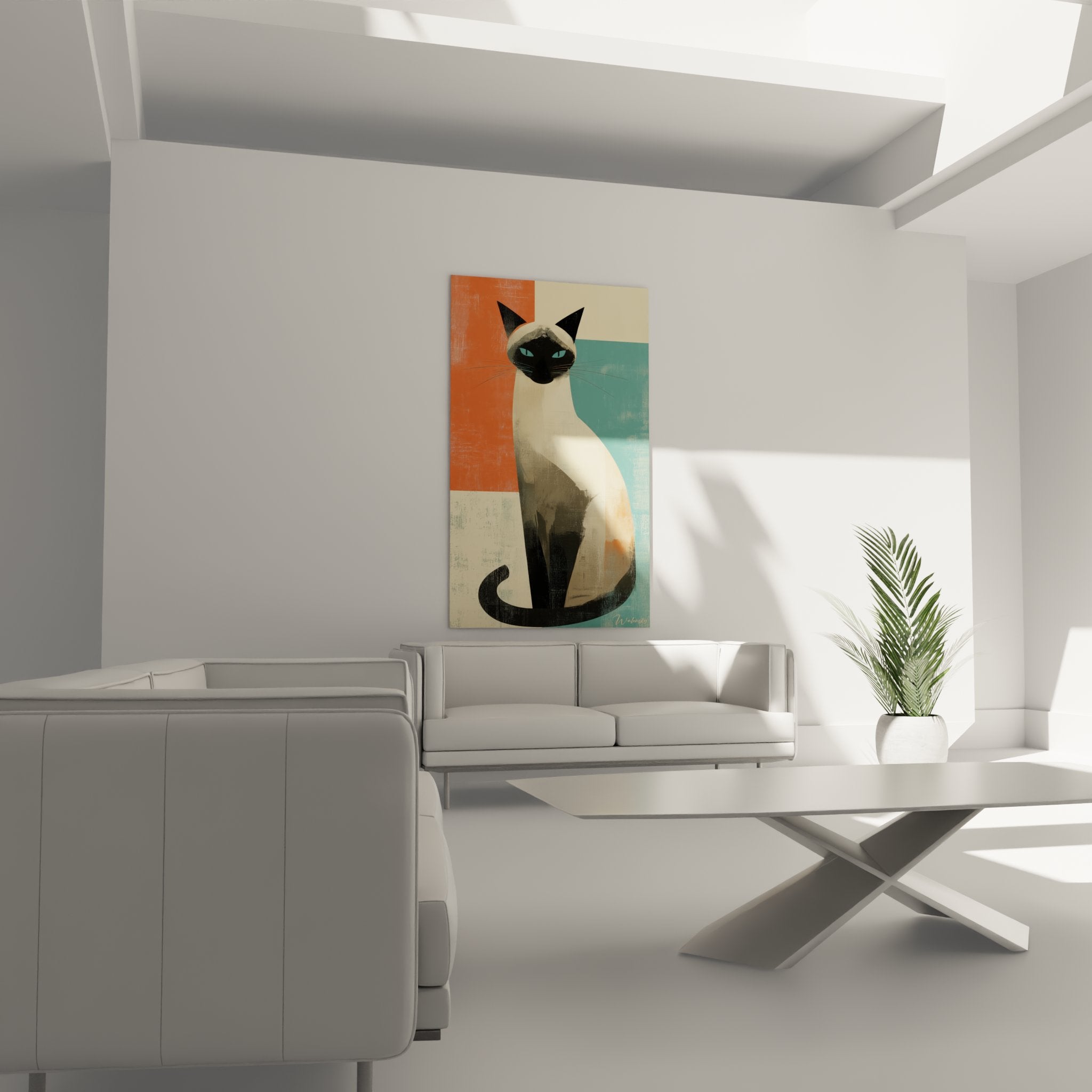 Close-up Siamese cat painting modern art blue eyes dark mask geometric style contemporary illustration