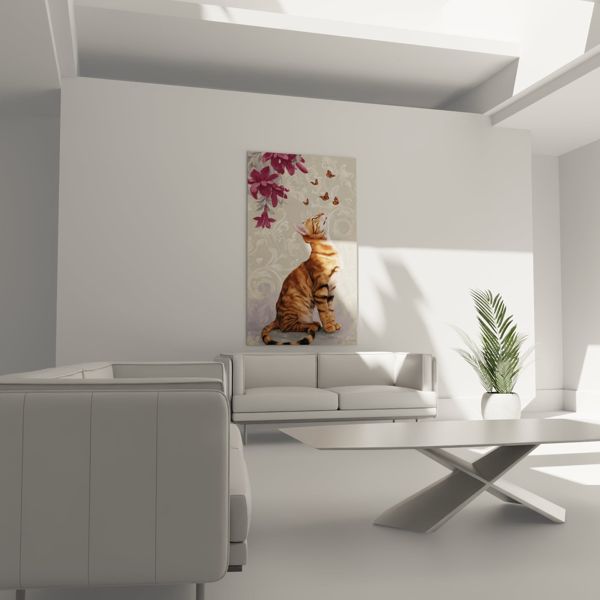 Detail des Gemäldes zeigt die Feinheit des getigerten Fells der Toyger-Katze und die dekorativen floralen Muster des Hintergrunds