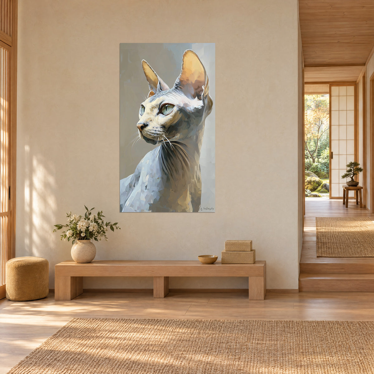 Gemälde nackte Katze im stolzen Profil, riesige goldene Ohren und perlgraues Fell, an der Wand eines japandi Flurs in Dreiviertelansicht