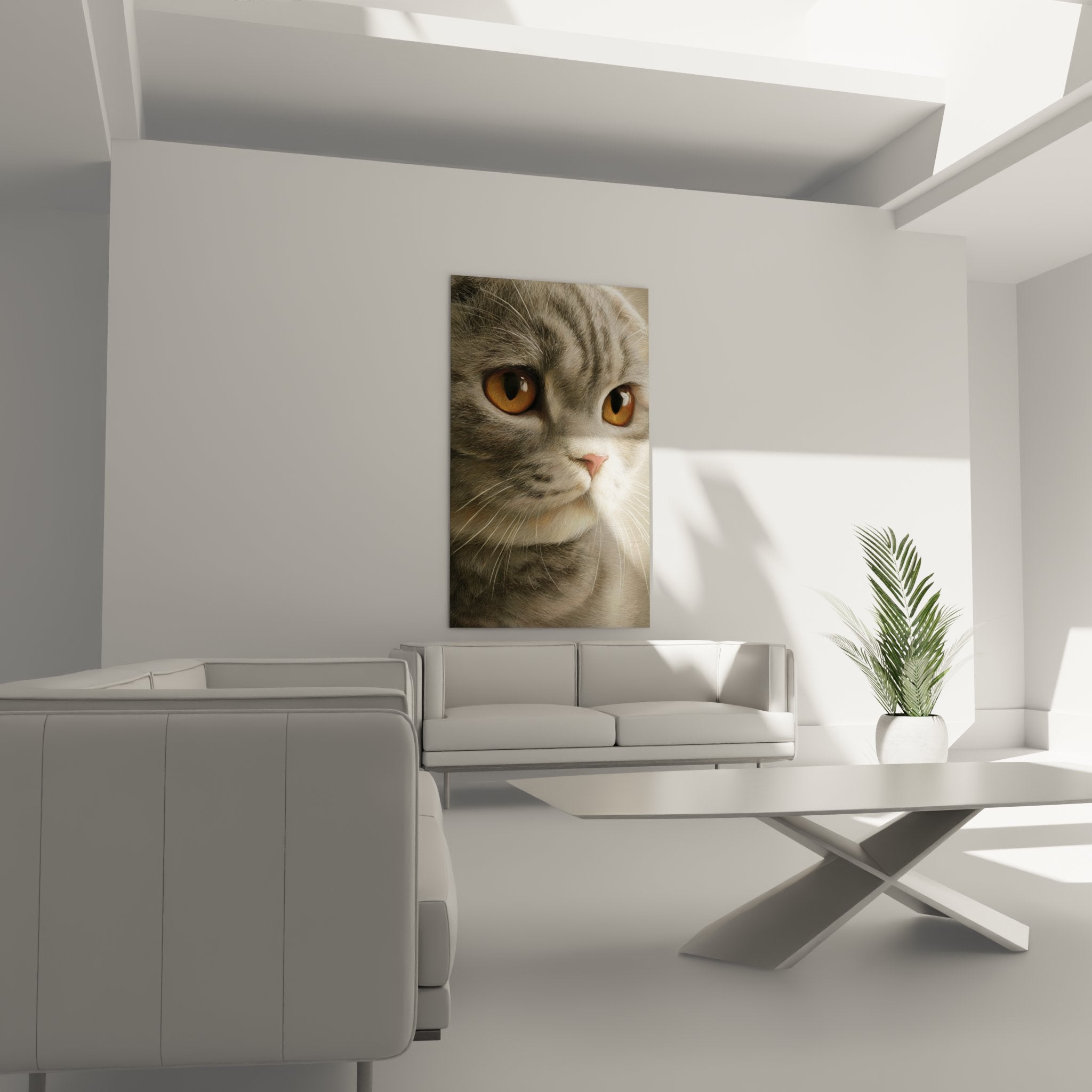 Close-up of Scottish Fold artwork details: amber eyes and realistic grey tabby coat