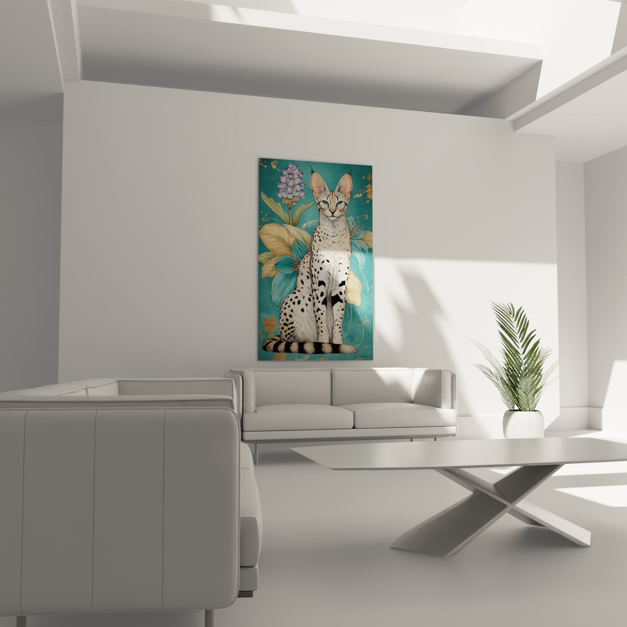 Close-up detail of Serengeti cat artwork with blue eyes and black white spotted coat artistic style