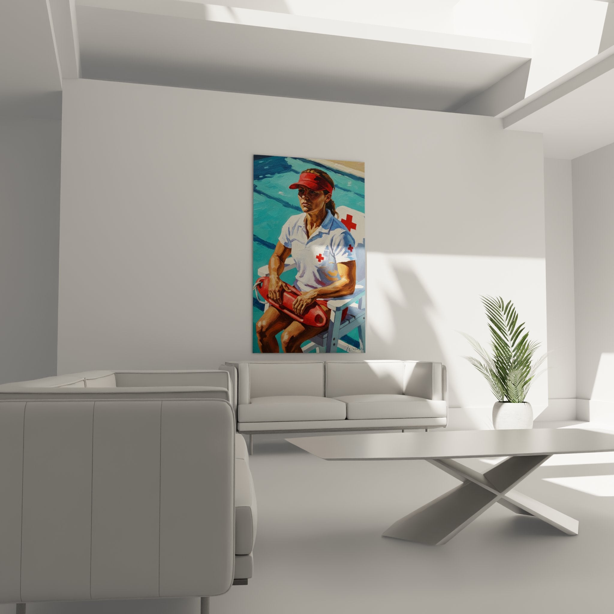 Gros plan peinture details maitre-nageuse casquette rouge bouee sauvetage croix medicale uniforme blanc