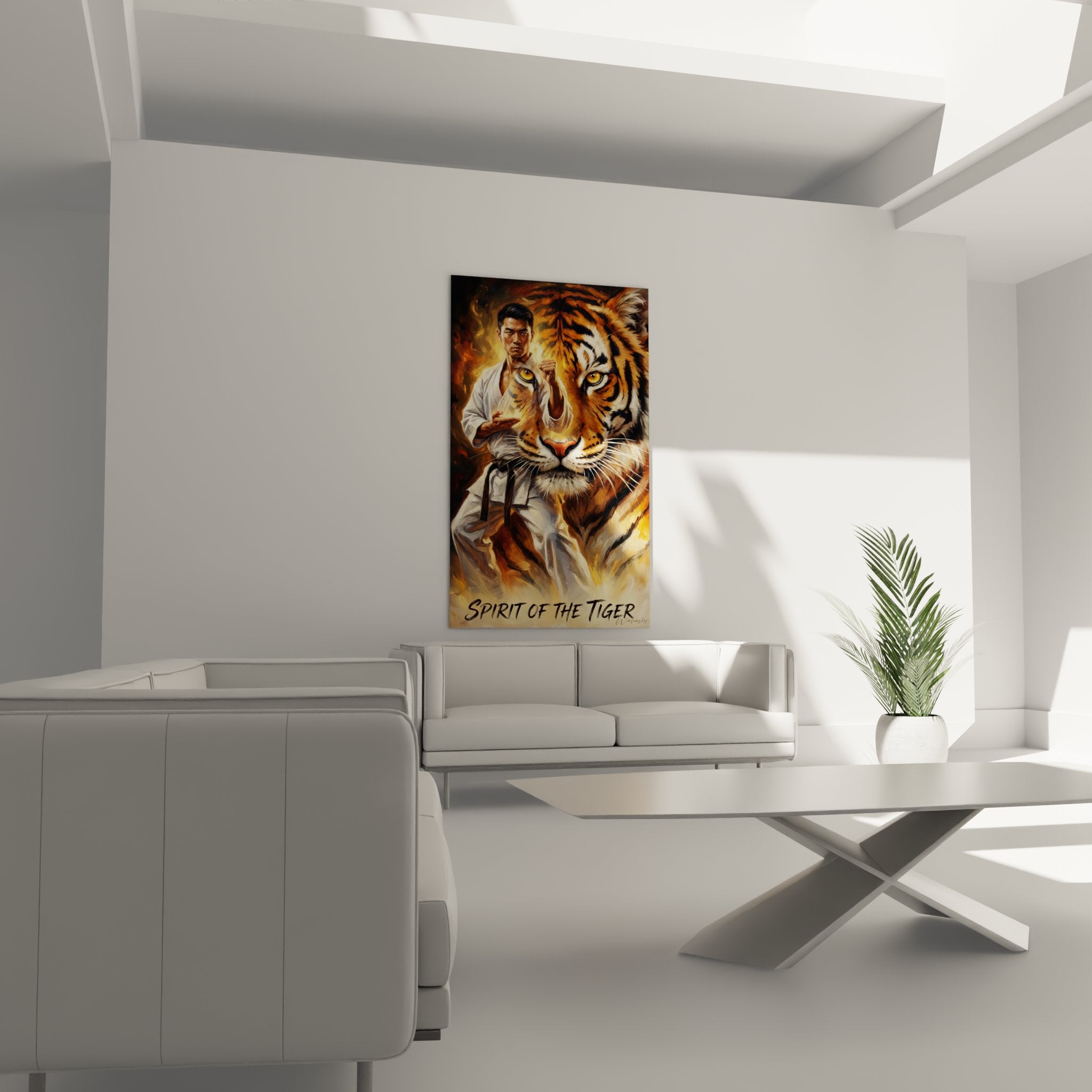 Gros plan du tableau Spirit of the Tiger revelant les details du visage du tigre aux yeux dores et du karateka