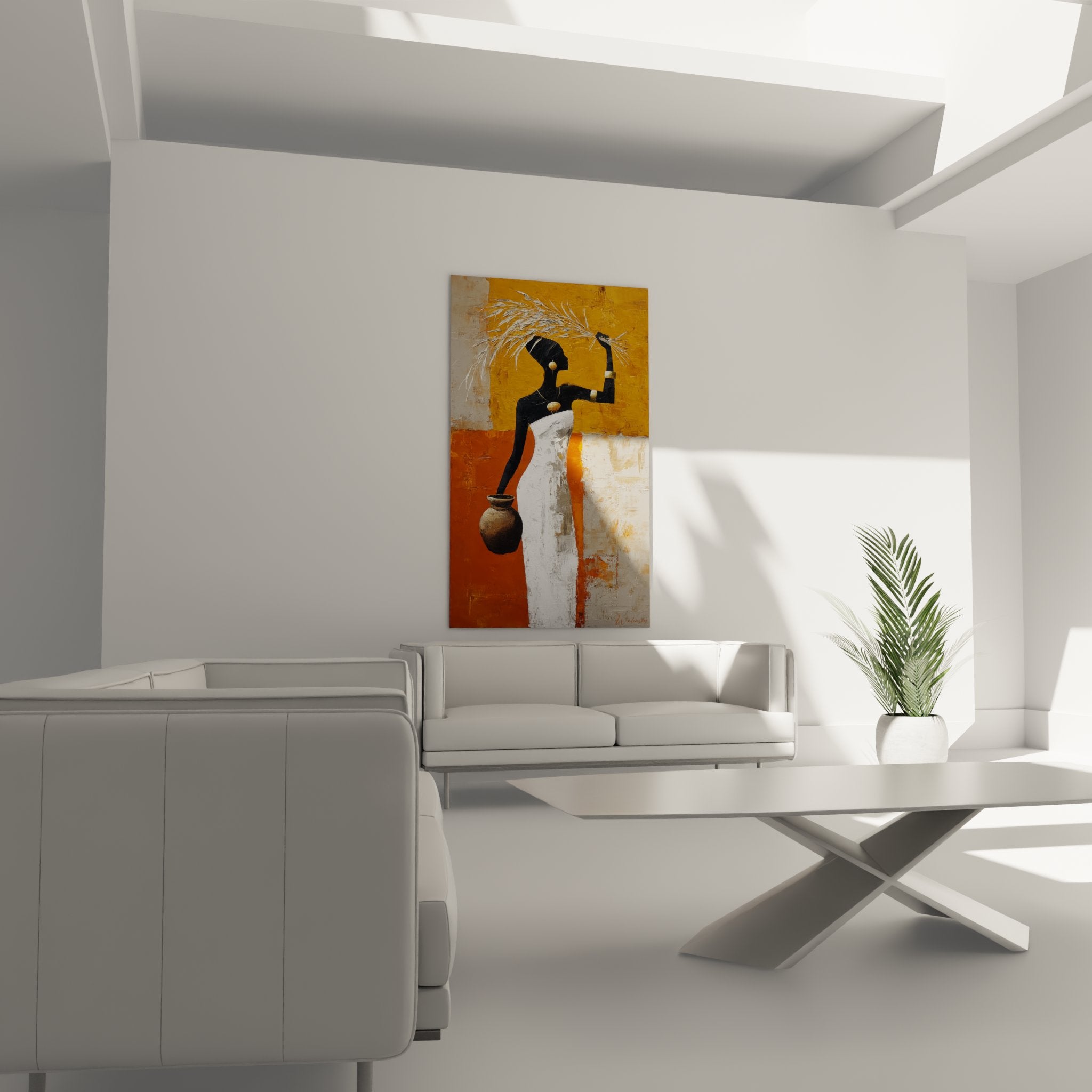 Detail tableau femme africaine chevelure doree et jarre traditionnelle art mural authentique