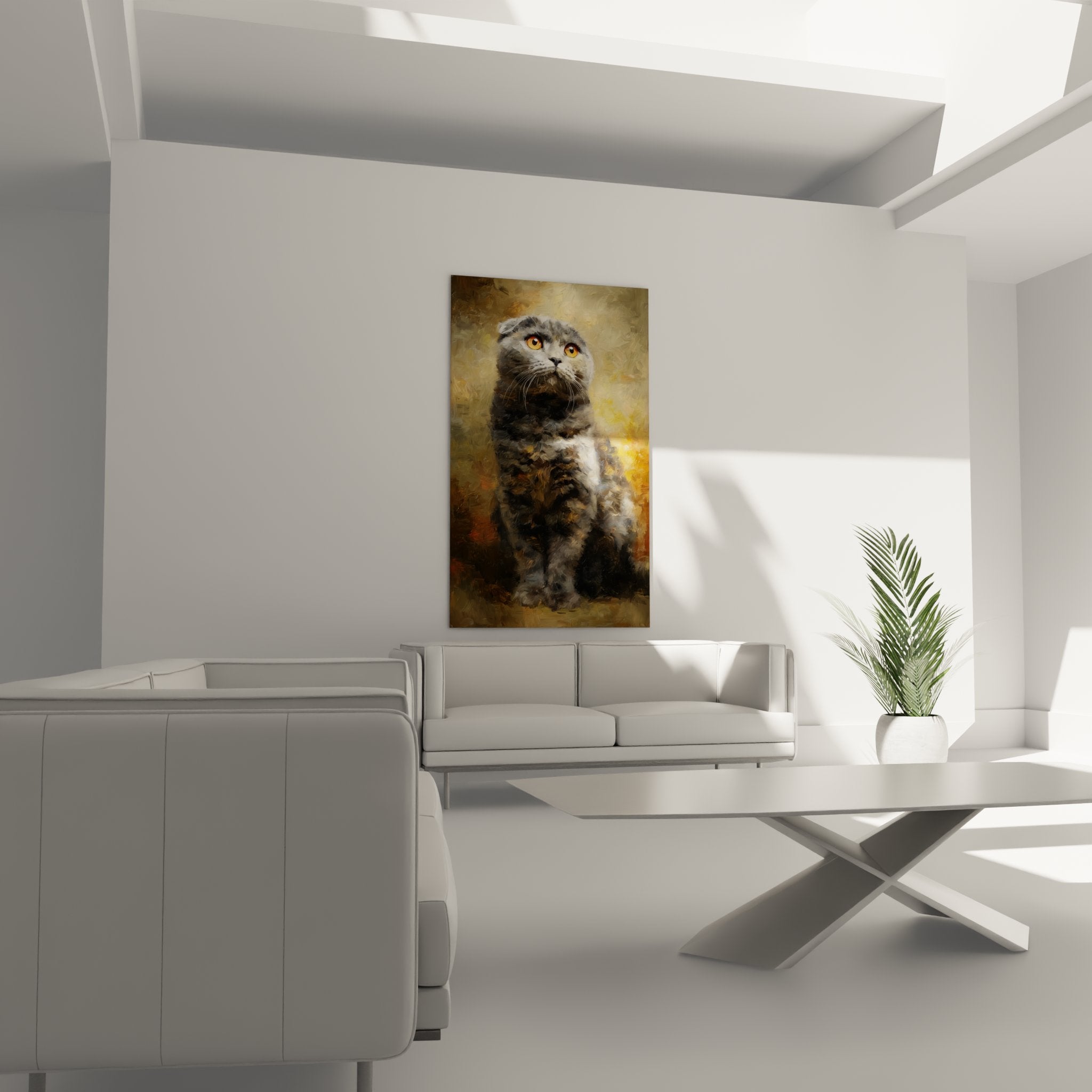 Scottish Fold cat portrait detail with folded ears, expressive amber eyes, realistic painting technique