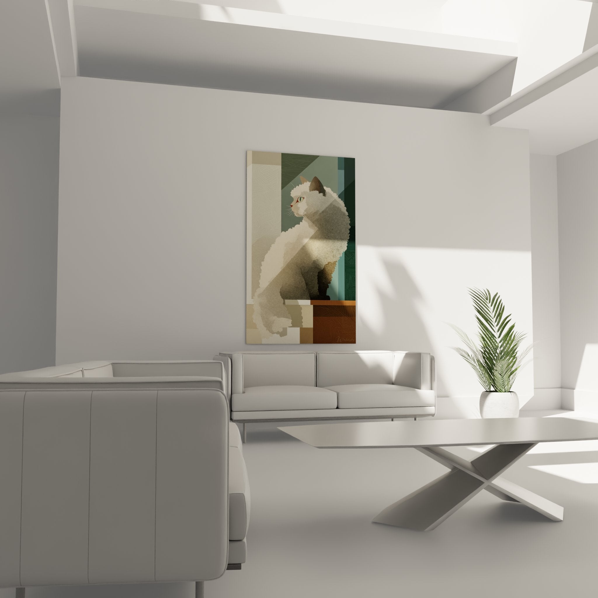 Nahaufnahme des ausdrucksstarken Gesichts der Selkirk-Rex-Katze mit grünen Augen, Detail des charakteristischen lockigen Fells