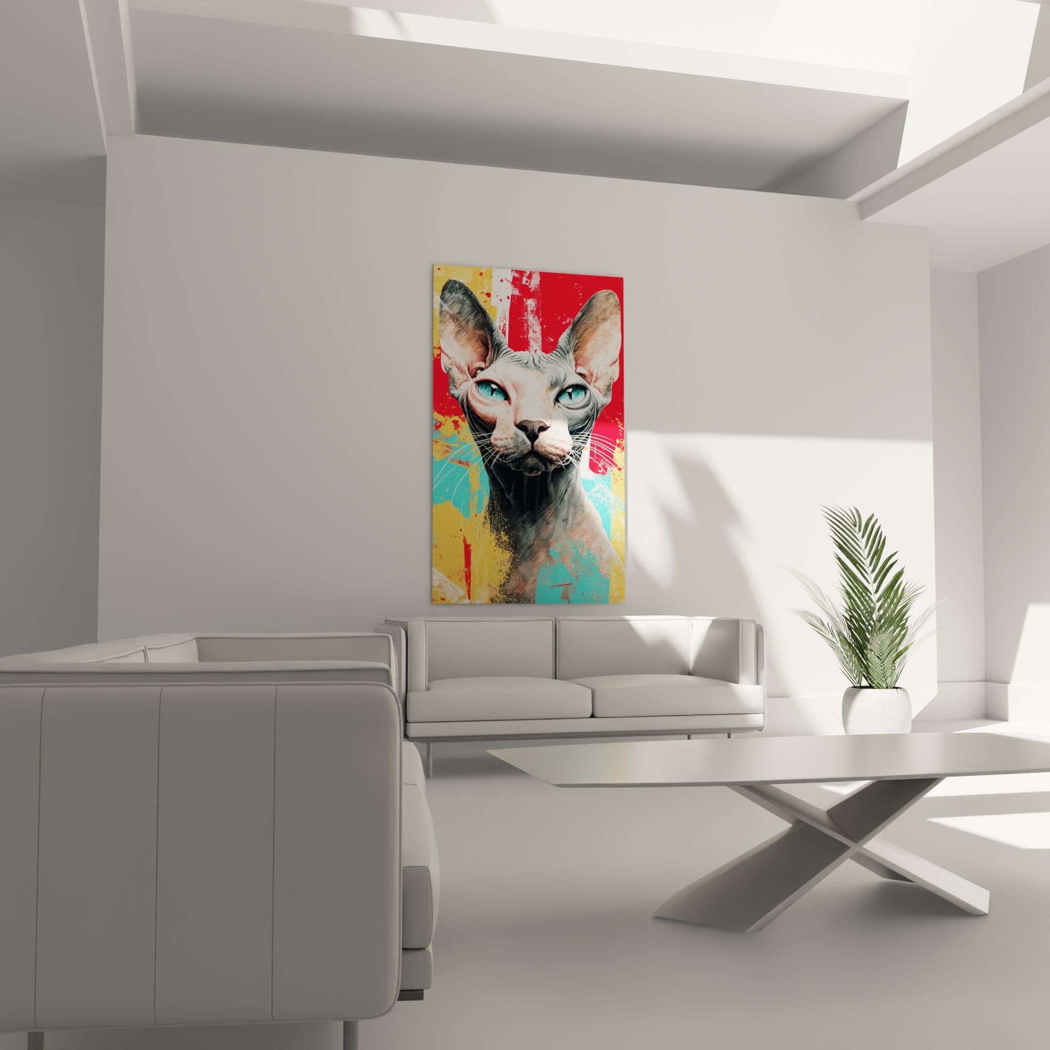 Primo piano ritratto gatto Sphynx pop art che mostra dettagli occhi turchesi e texture pelle