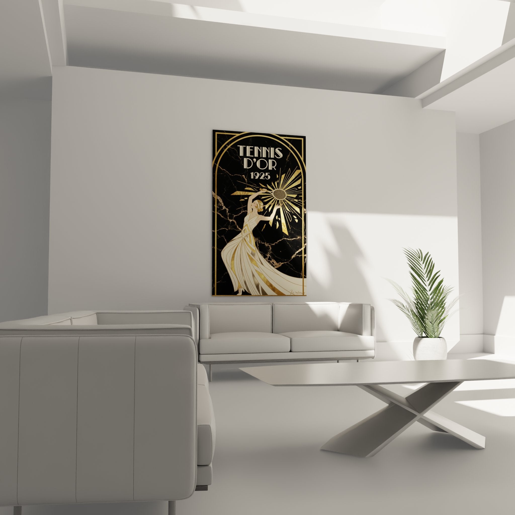 Dettaglio quadro tennis Art Déco che mostra giocatrice vintage e motivi geometrici dorati su marmo nero