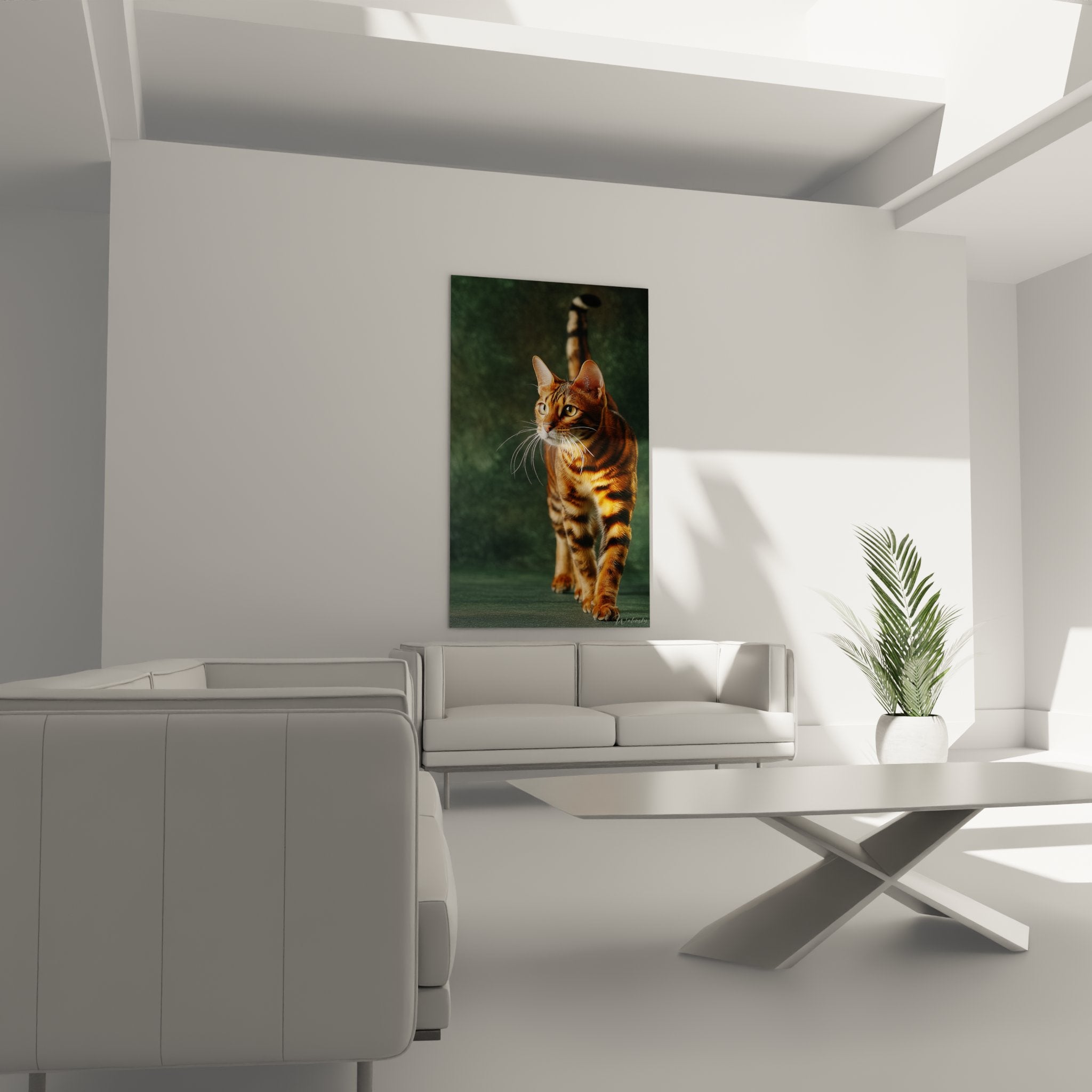 Gros plan sur tableau chat Toyger montrant détails des rayures dorées et expression intense du regard