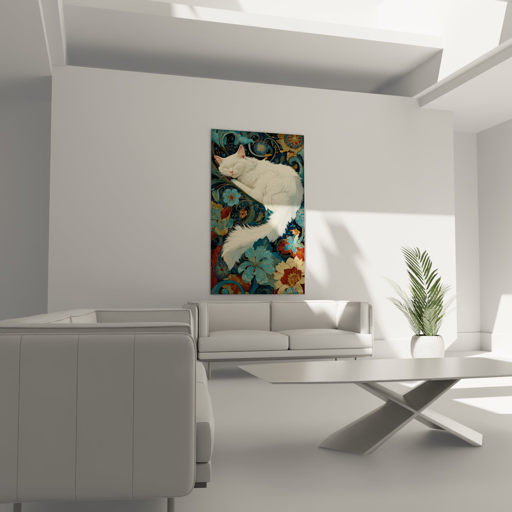 Detail of the silky white coat of the Turkish Angora cat on canvas with Oriental floral ornaments