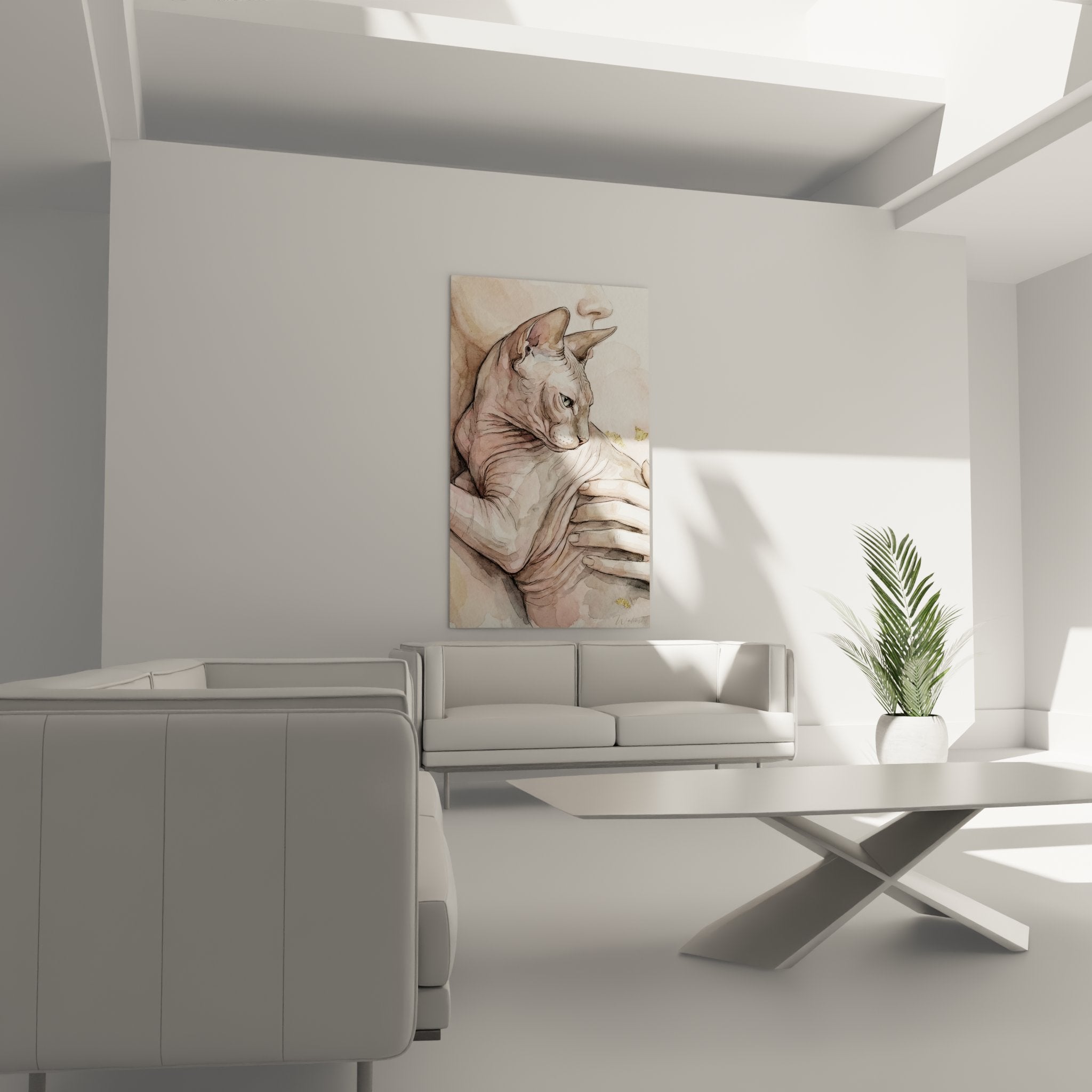 Dettaglio acquerello gatto Peterbald glabro, pelle rosata e orecchie caratteristiche, arte felina