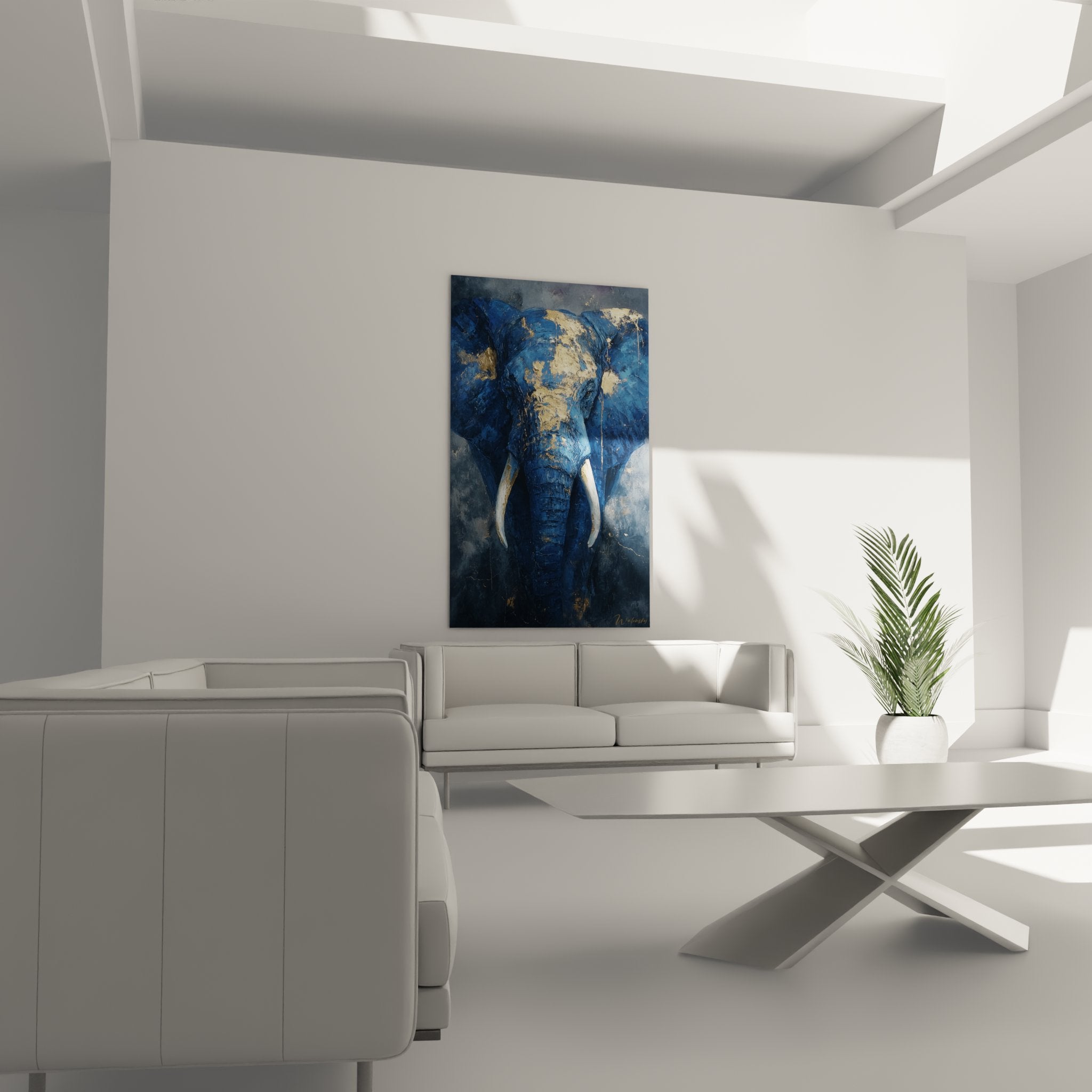 Nahaufnahme der blauen und goldenen Maltextur des afrikanischen Elefantengemäldes