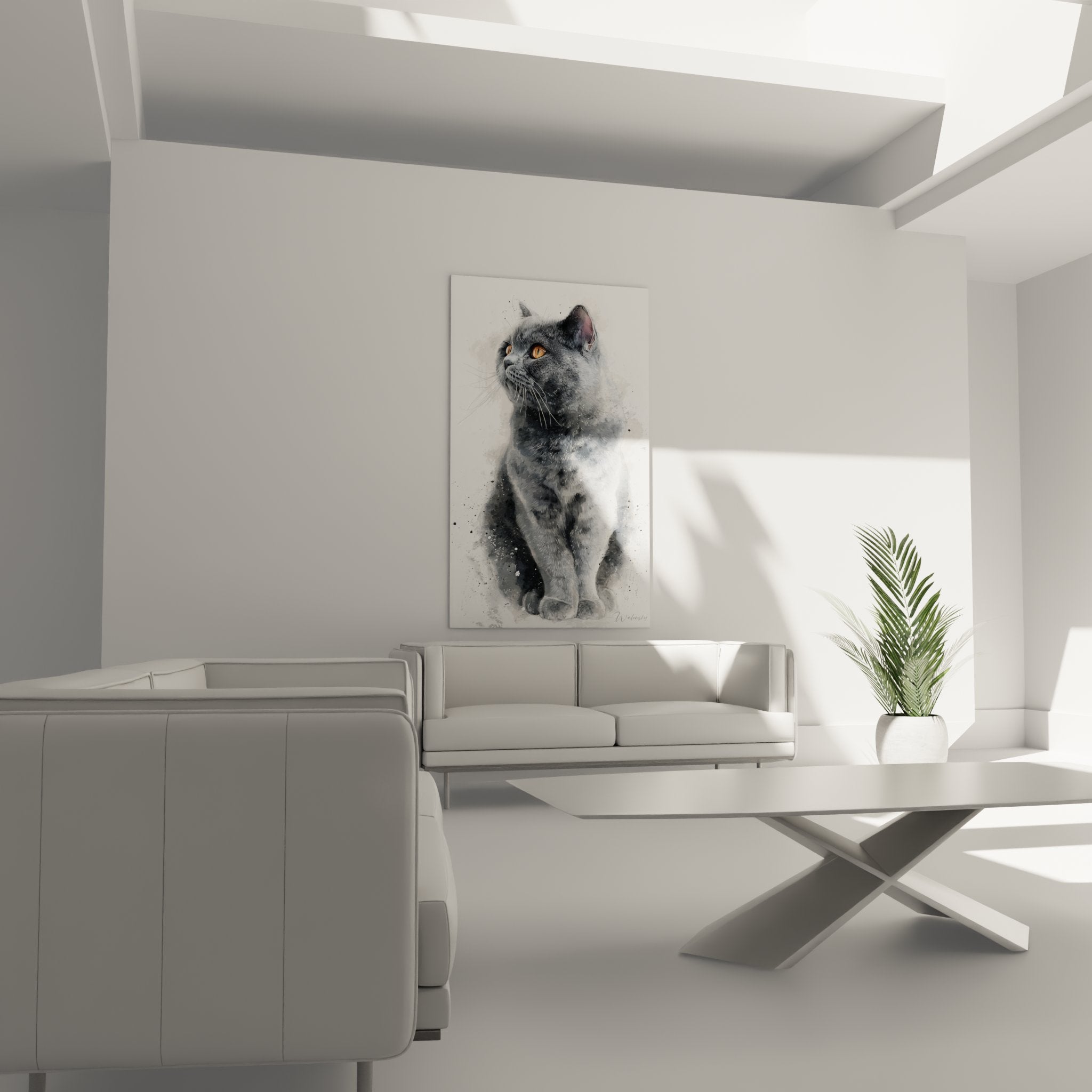 Primo piano quadro gatto British Shorthair occhi dorati mantello grigio dettagli artistici acquerello