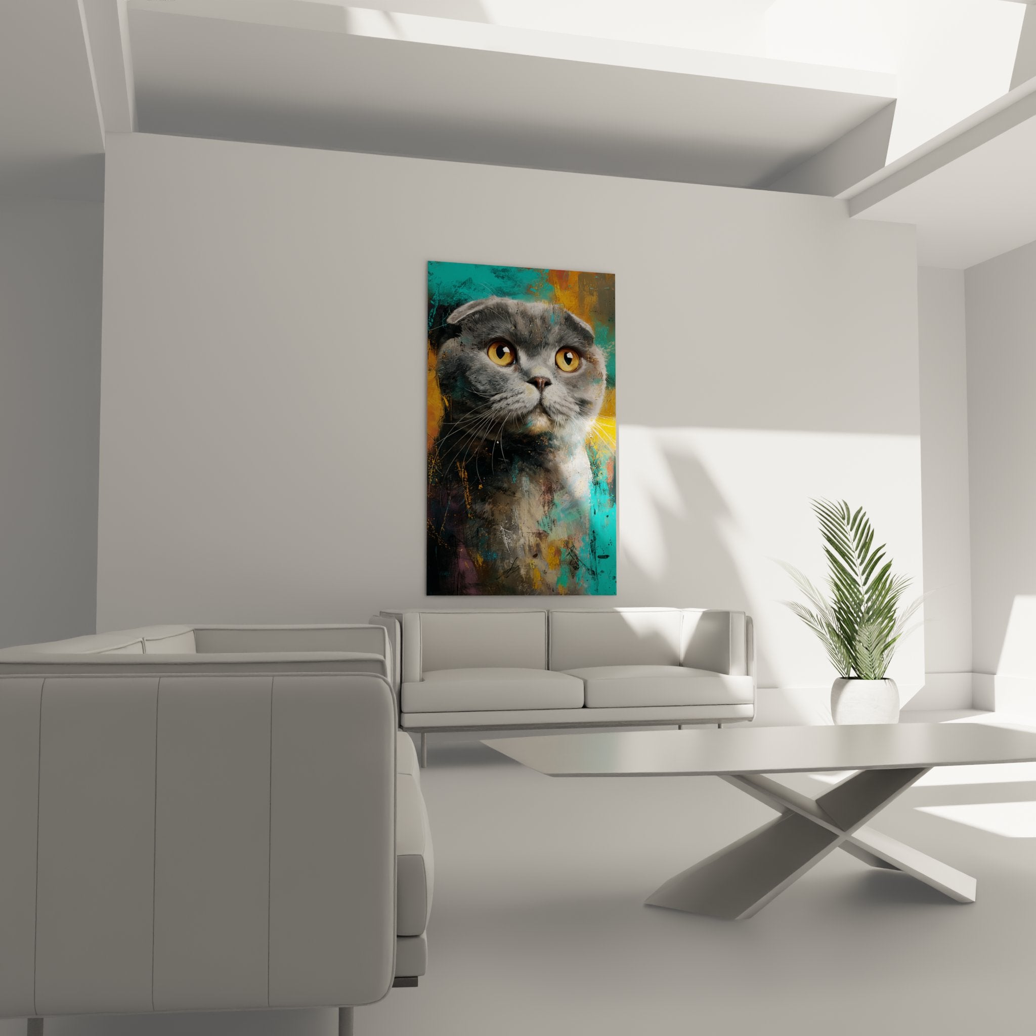 Gros plan portrait chat Scottish Fold gris aux yeux ambrés, peinture moderne détaillée