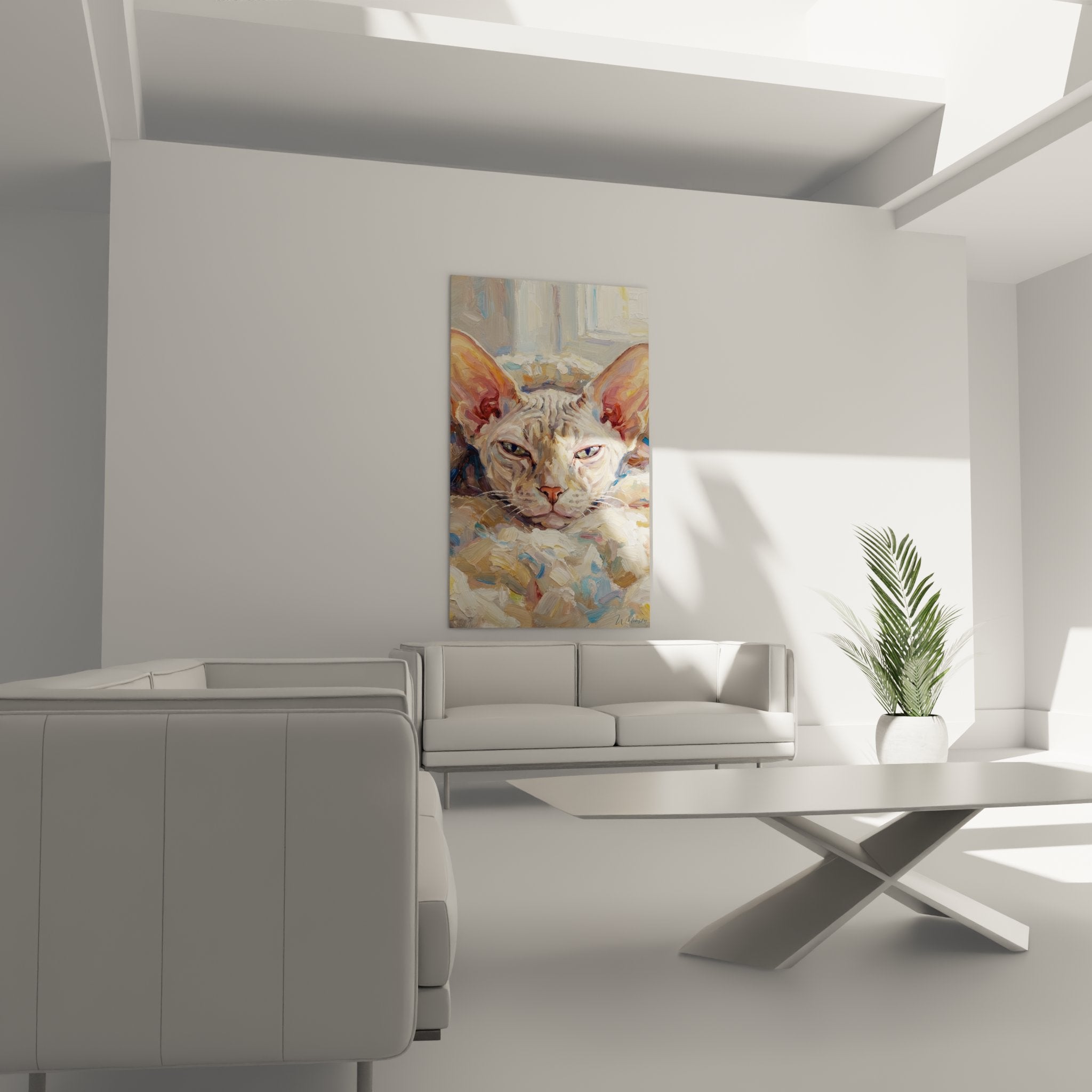 Primo piano sul quadro gatto Peterbald che mostra i dettagli delle pennellate e delle texture della pittura