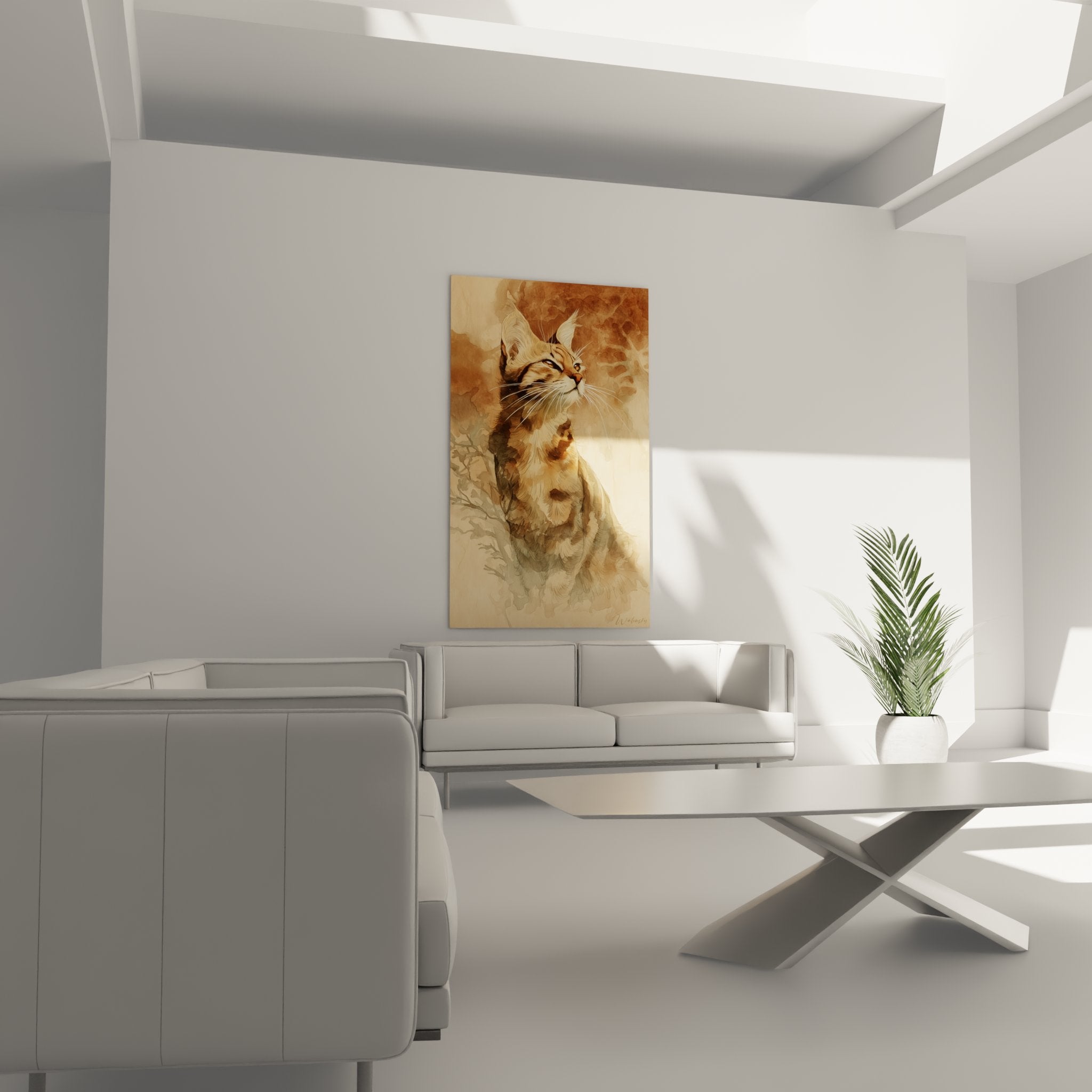 Détail tableau chat Sokoke aquarelle, pelage tigré brun ocre, yeux dorés perçants, technique watercolor