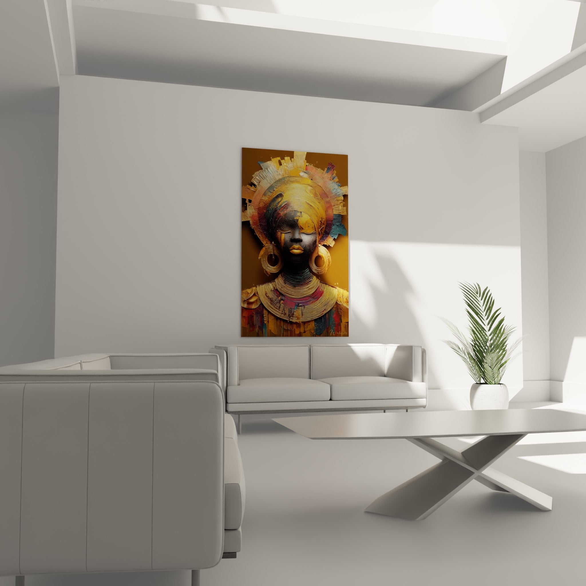 Primo piano volto donna africana pittura dorata orecchini collana anelli texture rilievo arte