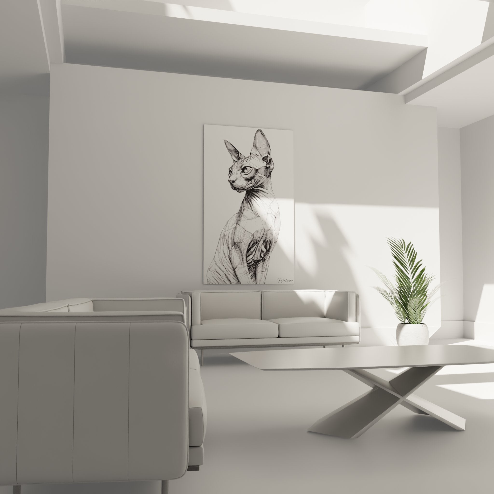 Gros plan sur les détails du tableau chat Sphynx, technique d'esquisse et hachures croisées visibles