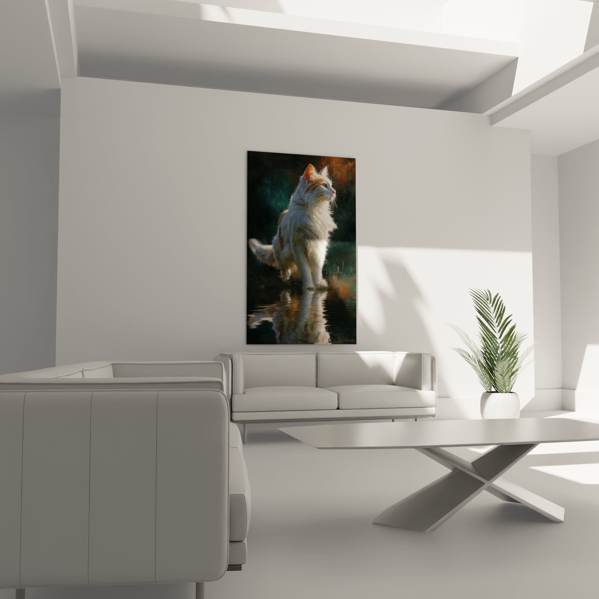 Detail tableau chat Turkish Van, pelage blanc et roux, reflets dans l'eau, art mural felin