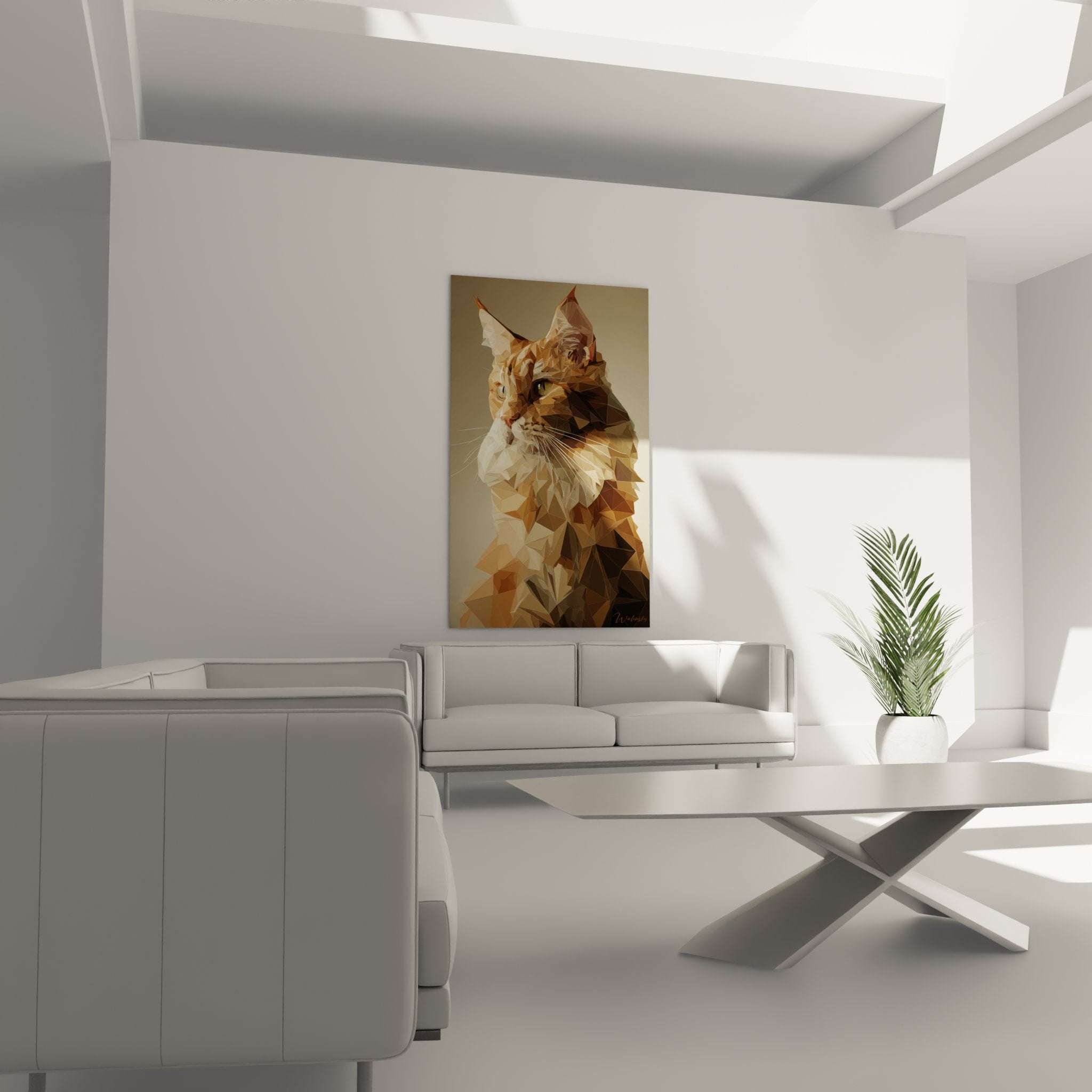 Close-up detail of American Bobtail polygonal cat artwork with geometric facets in warm orange tones