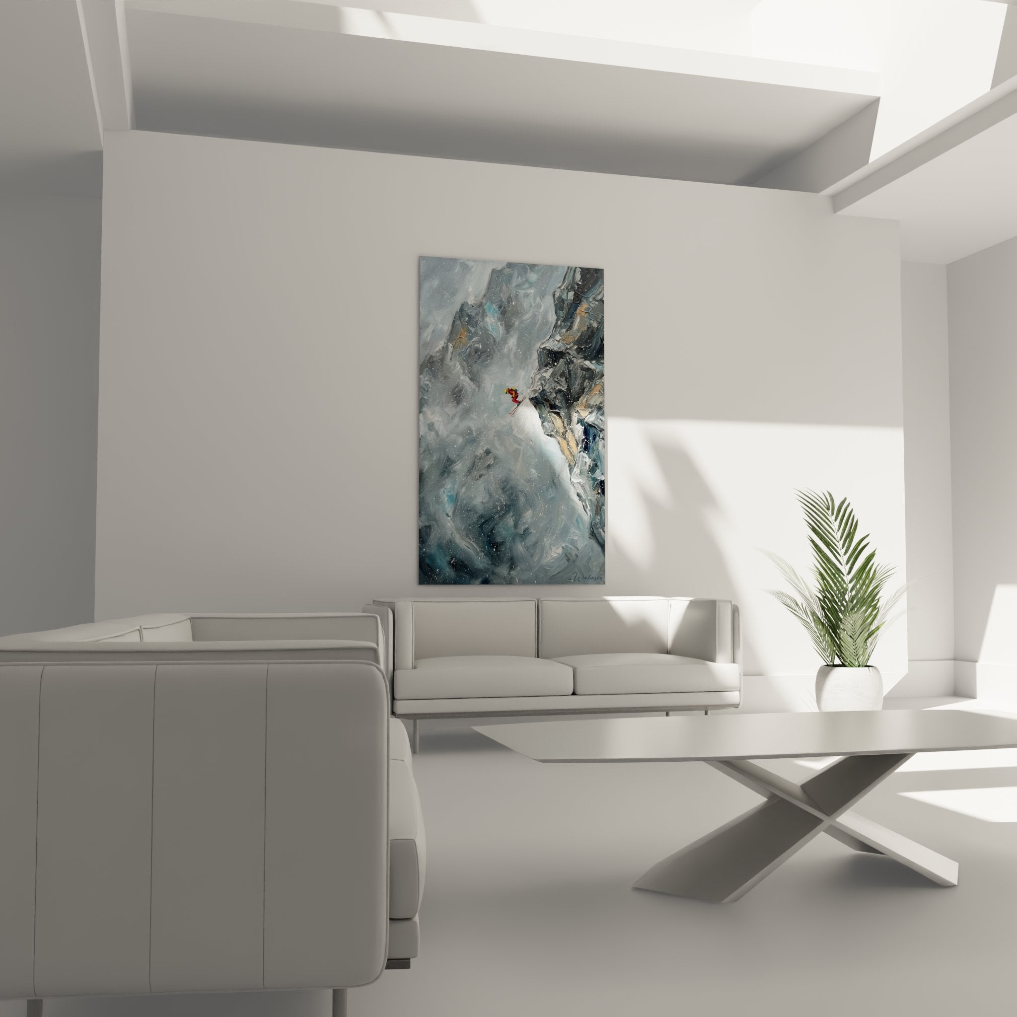 Détail peinture skieur rouge tempête neige, technique pinceau art ski montagne