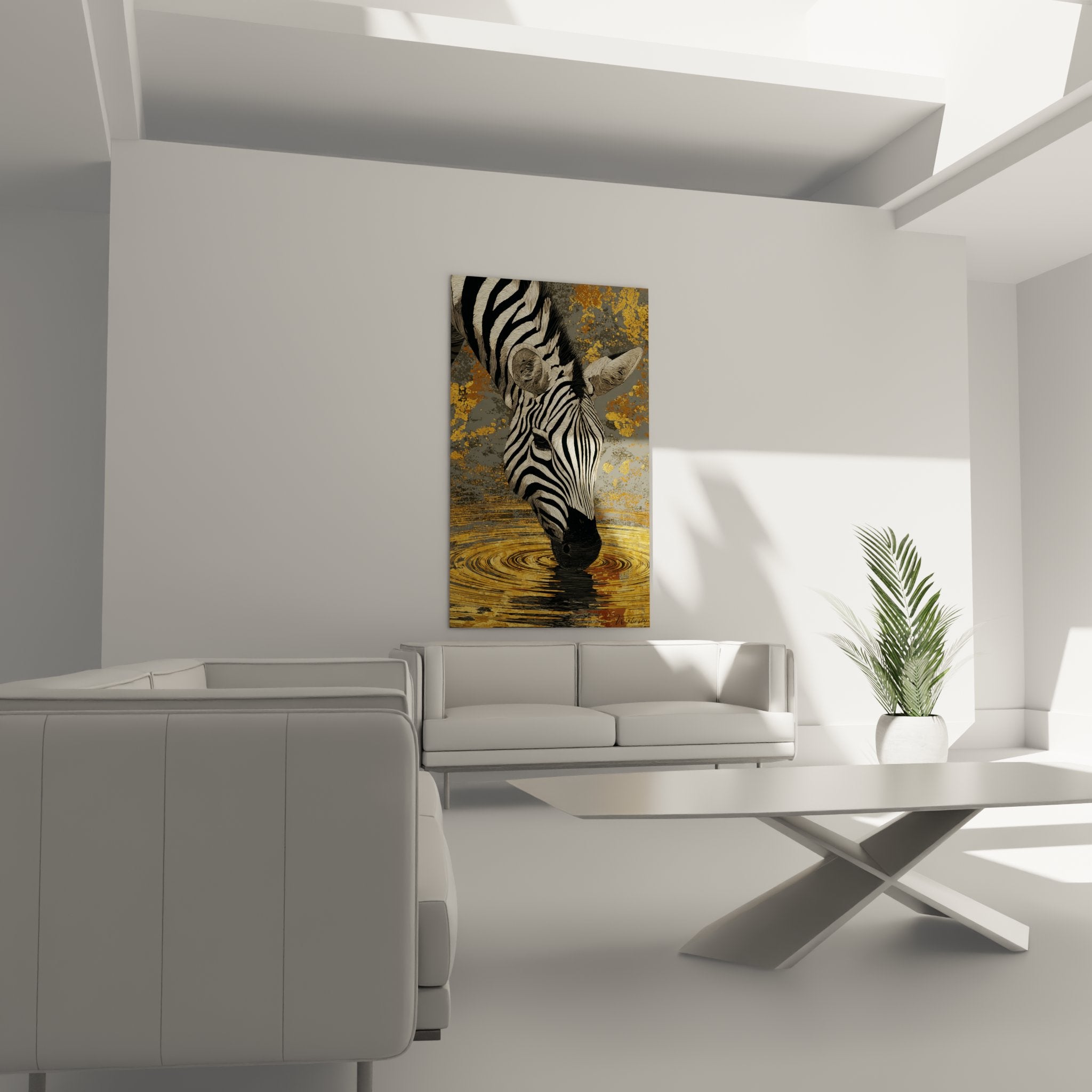 Detail artistique zebre buvant eau ondulations dorees peinture wildlife africaine haute qualite