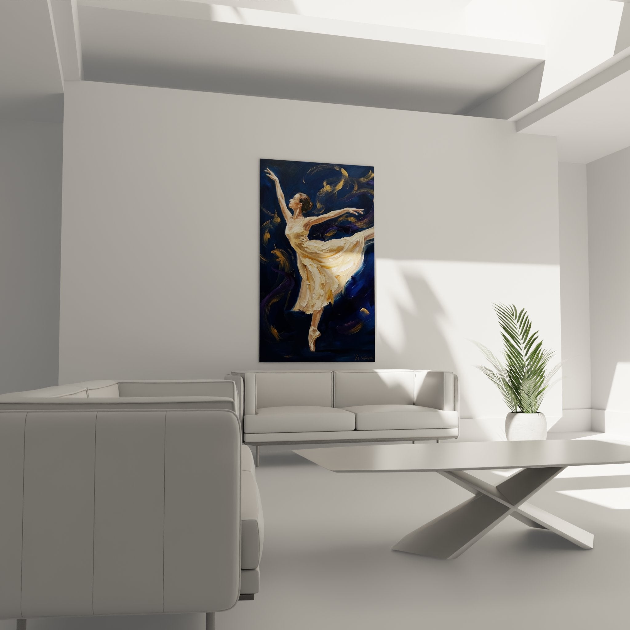 Dettaglio pittura ballerina tulle bianco movimento elegante, pennellate espressive arte danza moderna