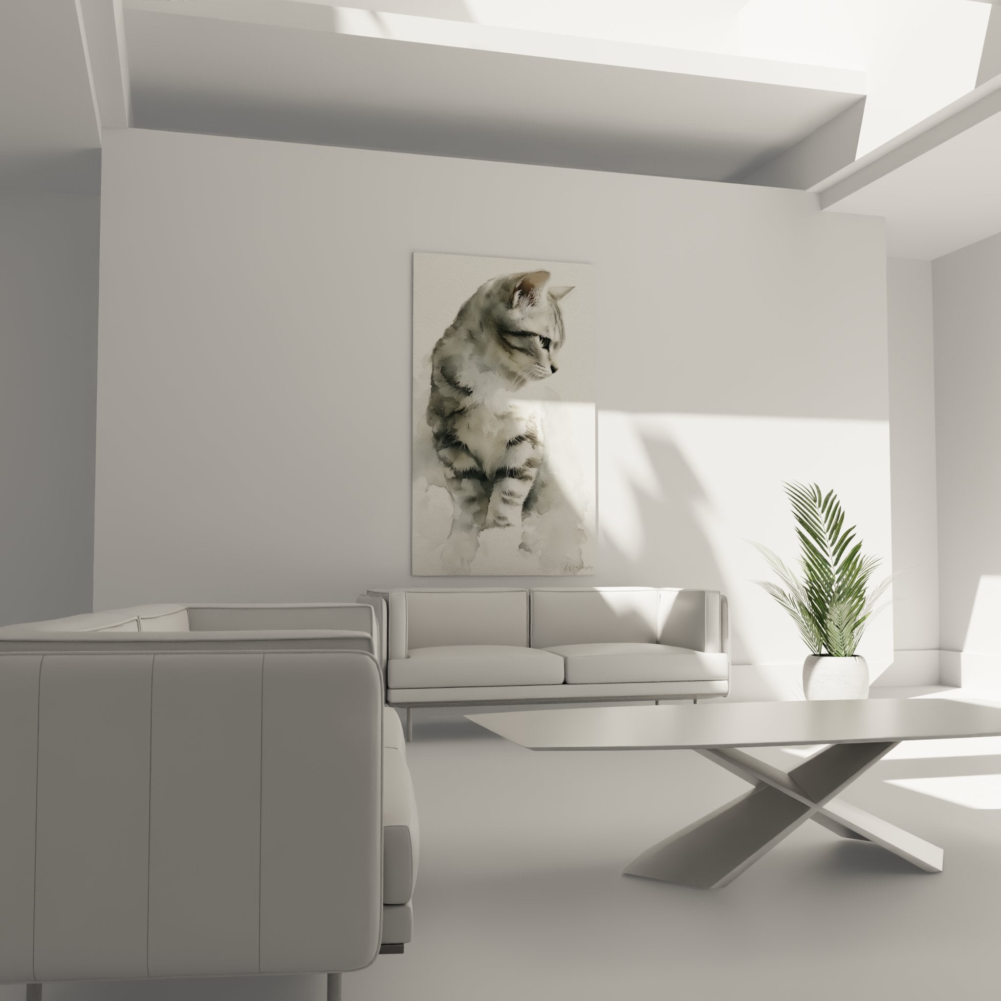 Detail aquarelle chaton American Shorthair, texture peinture delicate et nuances gris beige, art felin rafine