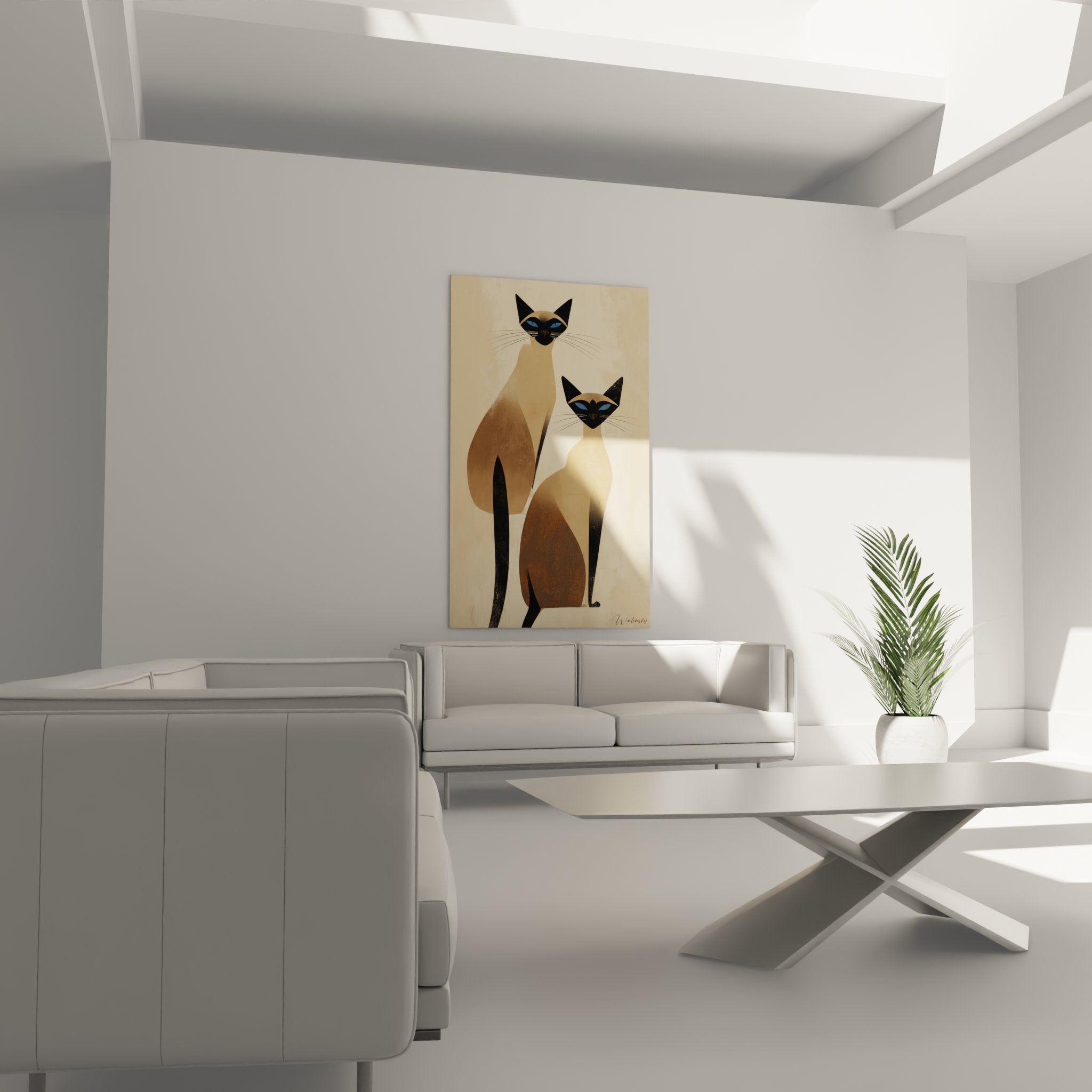 Close-up detail Siamese cats artwork geometric art expressive blue eyes