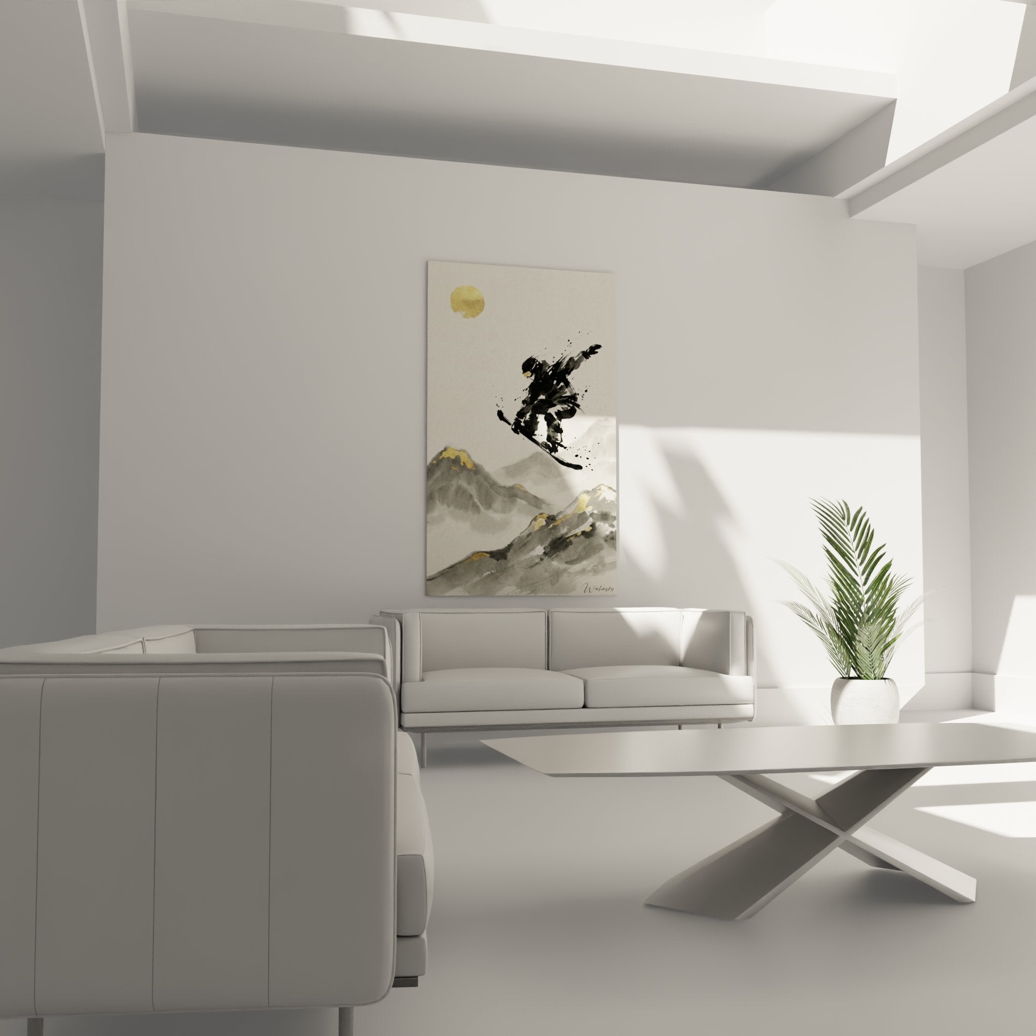 Detail rapproche tableau snowboard encre noire eclaboussures dynamiques technique pinceau expressif japonais