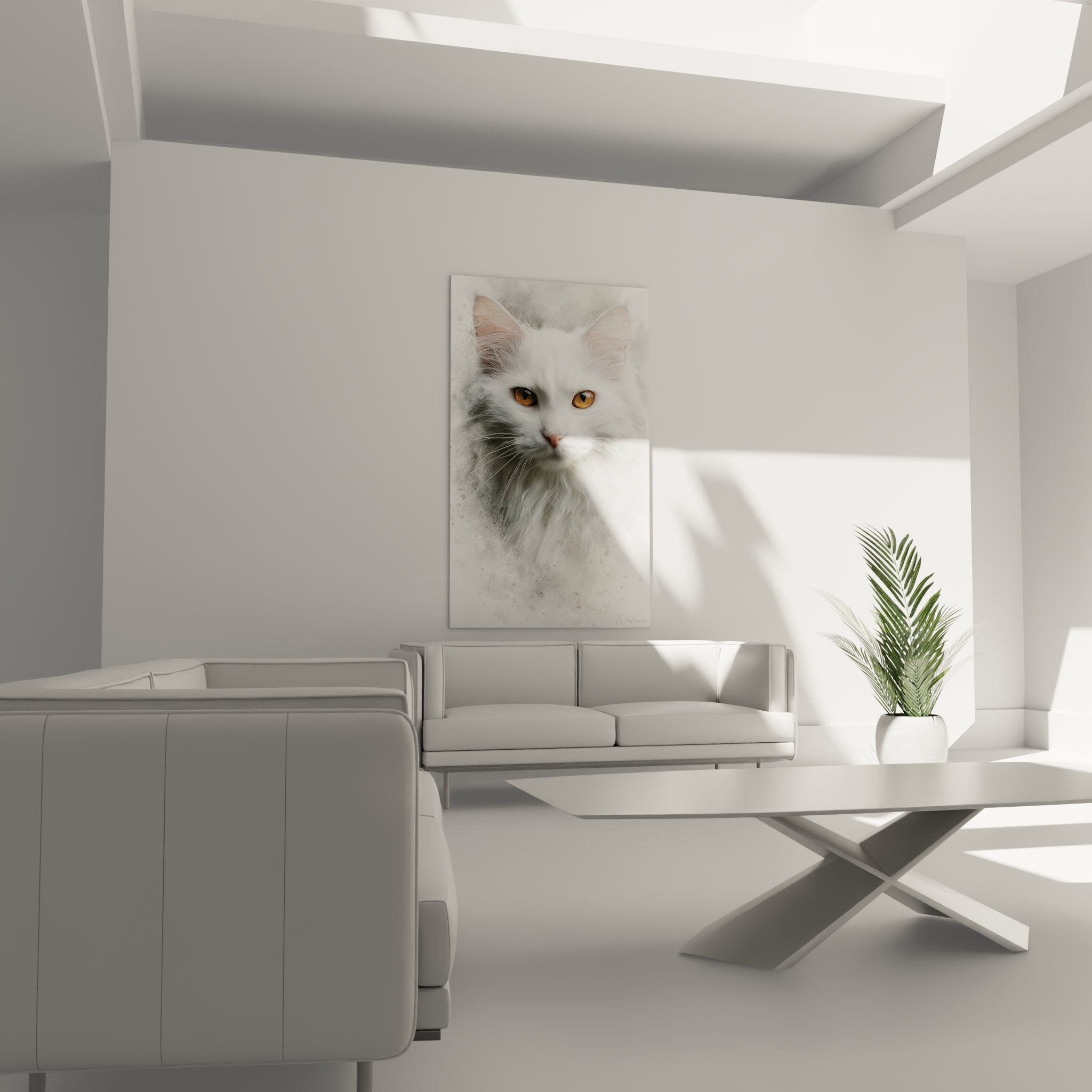 Detailporträt einer weißen türkischen Angora-Katze mit goldenen Augen, realistische Aquarelltechnik, Tierkunst