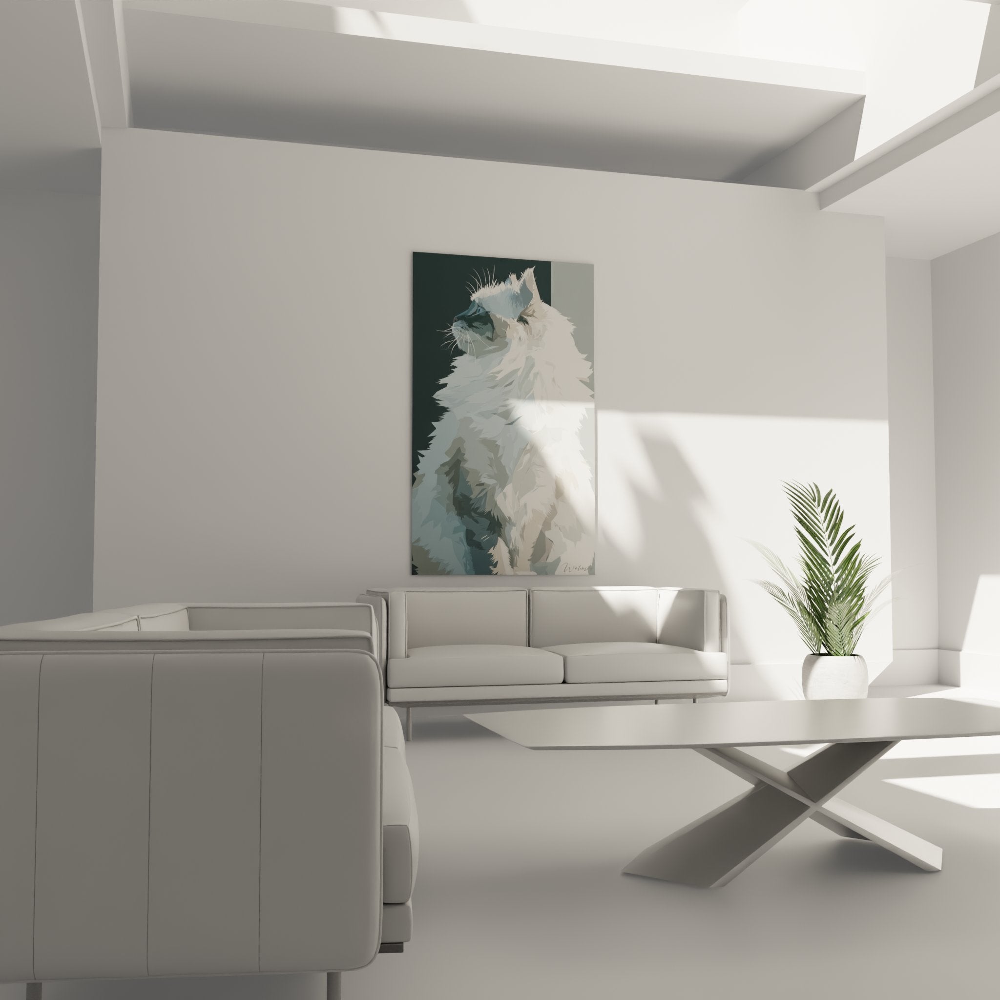 Gros plan tableau chat Sibérien blanc montrant détails du pelage soyeux et expression majestueuse du félin