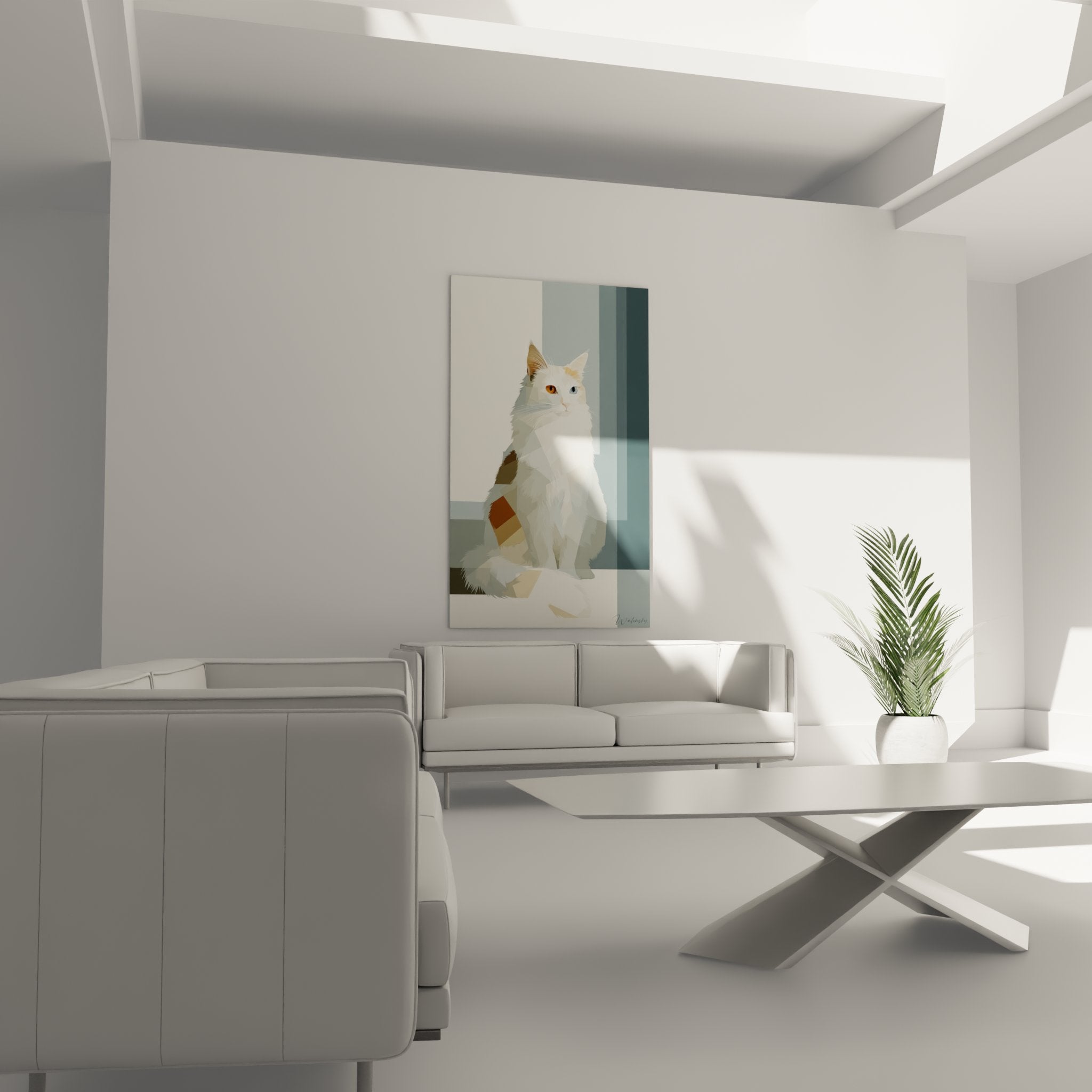 Detail du tableau chat Turkish Van montrant les yeux vairons et le style artistique geometrique de l'œuvre