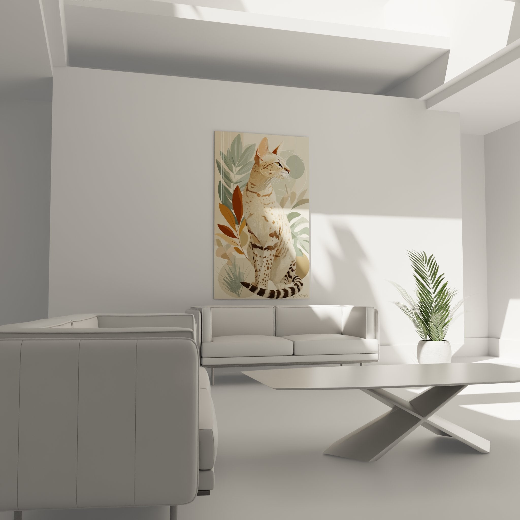 Détail du tableau montrant la finesse des motifs du pelage du chat Savannah et des feuilles tropicales
