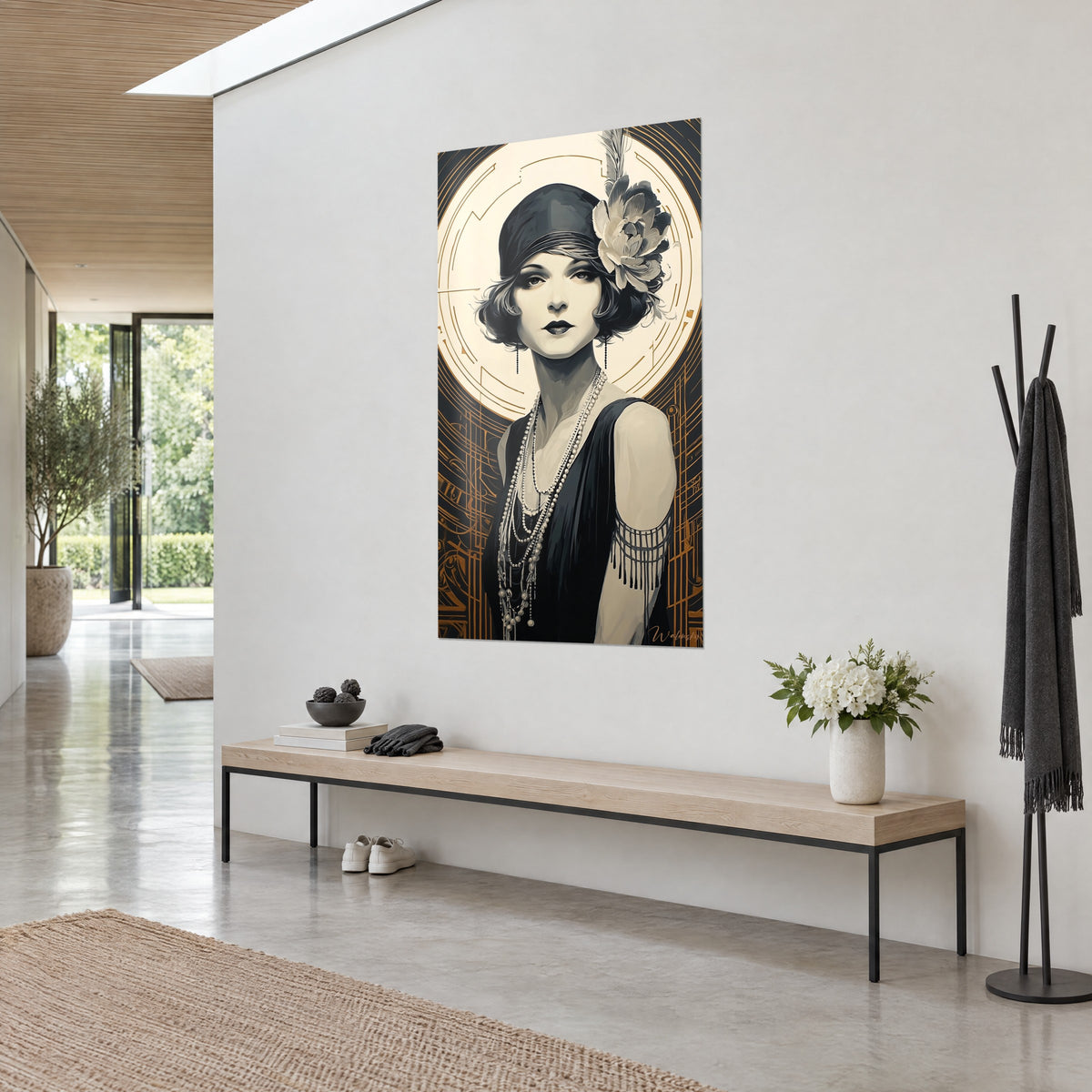 Πίνακας με κομψή γυναίκα των Roaring Twenties με μαύρο φόρεμα, κρεμ άλω και γεωμετρικά χάλκινα μοτίβα, λευκός τοίχος, ξύλινος πάγκος