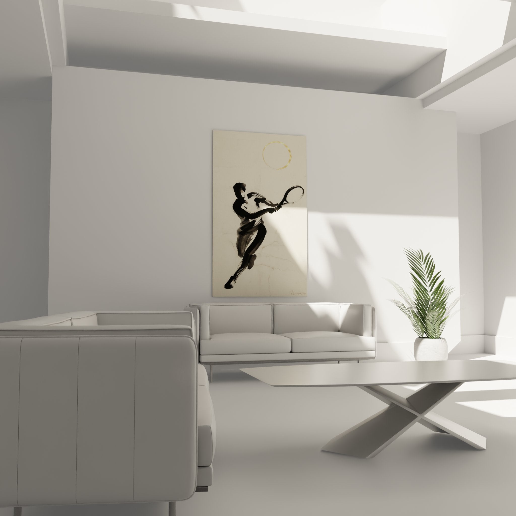 Détail tableau tennis zen, traits calligraphiques noirs et cercle doré, art sportif minimaliste