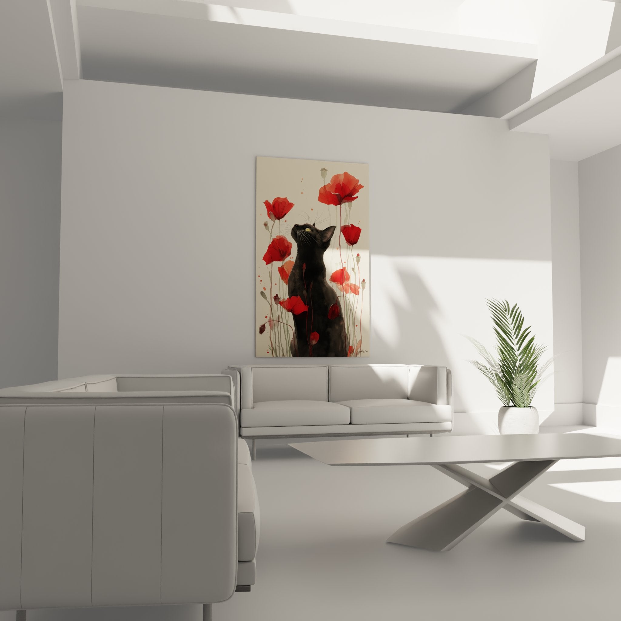 Détail tableau chat Bombay aux yeux dorés parmi les coquelicots écarlates, peinture artistique haute qualité