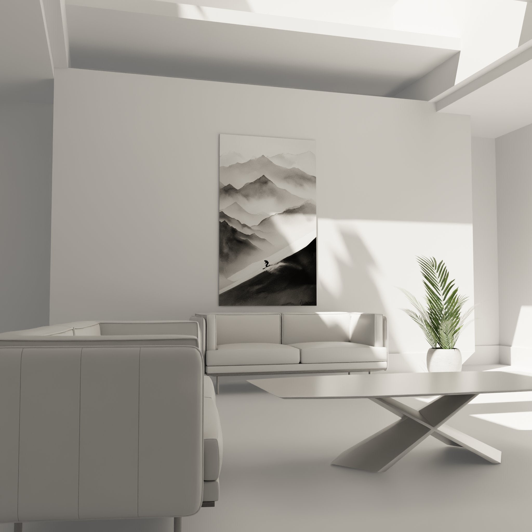 Detail tableau snowboard aquarelle monochrome silhouette rider montagne brume artistique