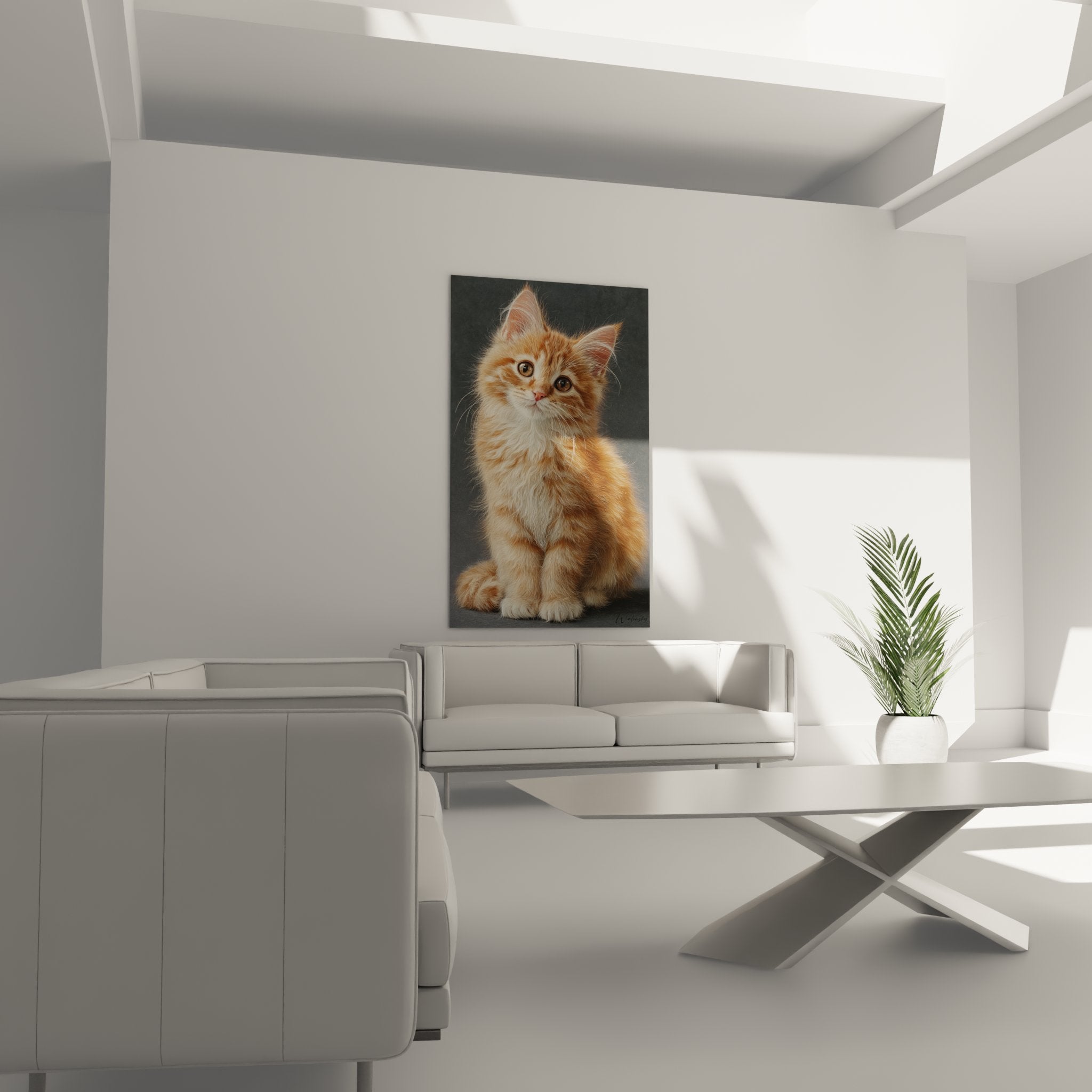 Close-up of American Bobtail ginger kitten painting with expressive golden eyes, realistic details silky coat