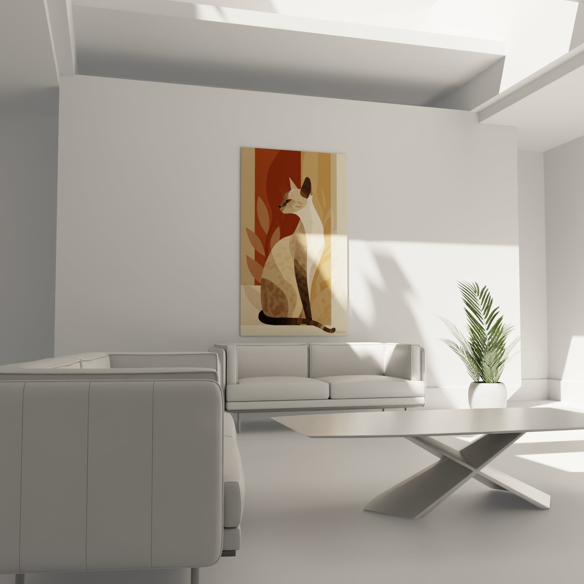 Dettaglio quadro gatto siamese arte geometrica poligonale toni caldi beige ocra qualità stampa