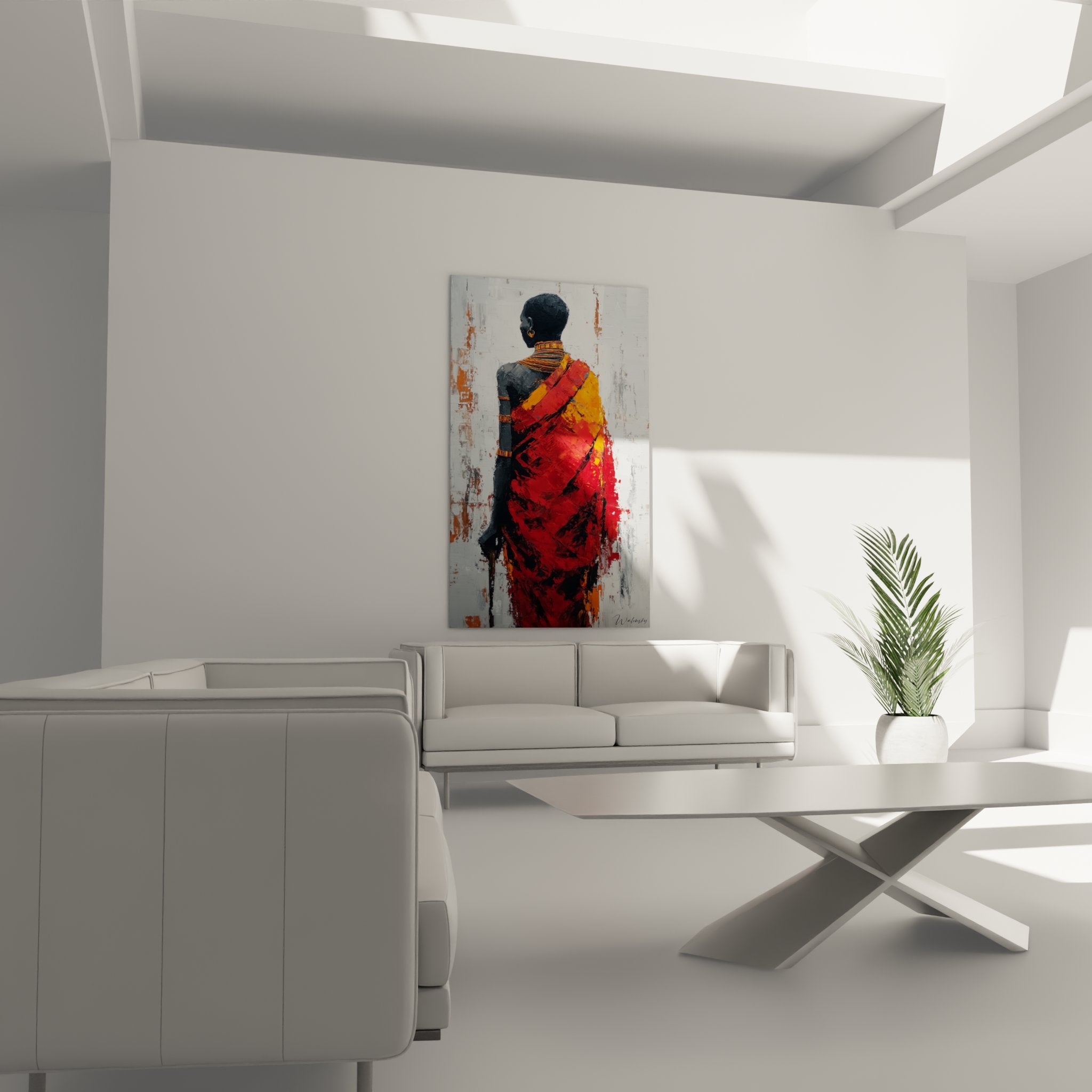 Detail peinture femme africaine bijoux dores tissu rouge, technique empates couleurs vibrantes art africain